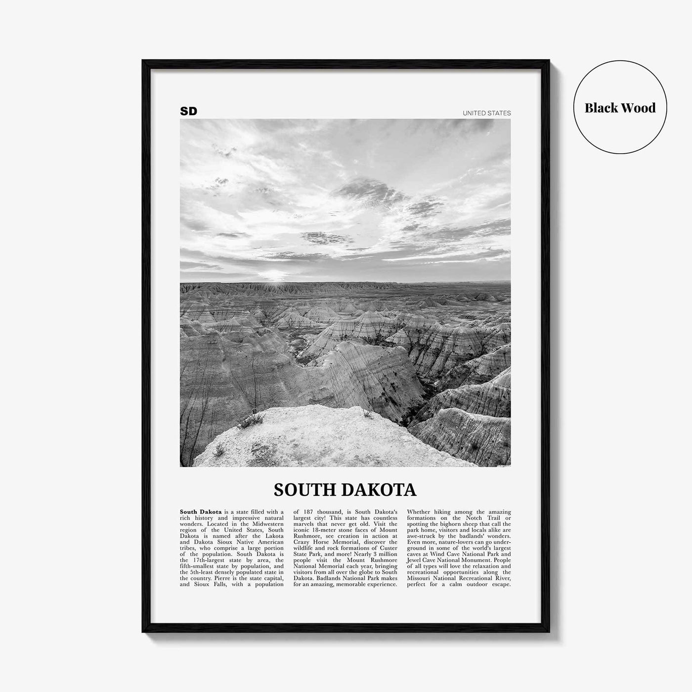 South Dakota Print Black and White No 2, South Dakota Wall Art, South Dakota Poster, South Dakota Photo, USA, United States, North America