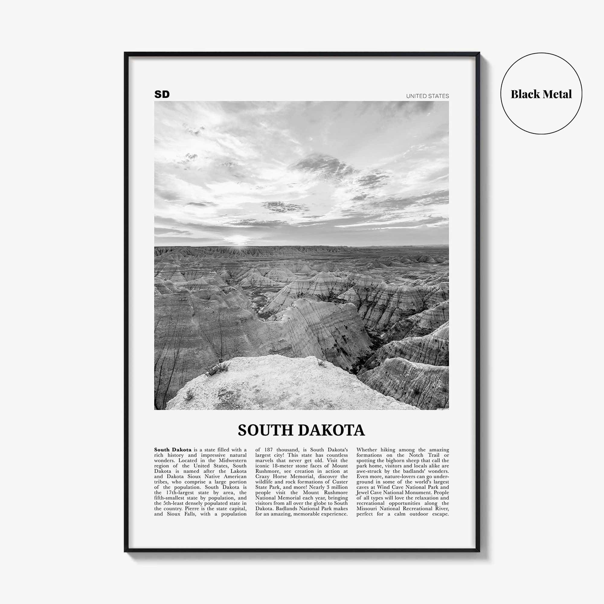 South Dakota Print Black and White No 2, South Dakota Wall Art, South Dakota Poster, South Dakota Photo, USA, United States, North America