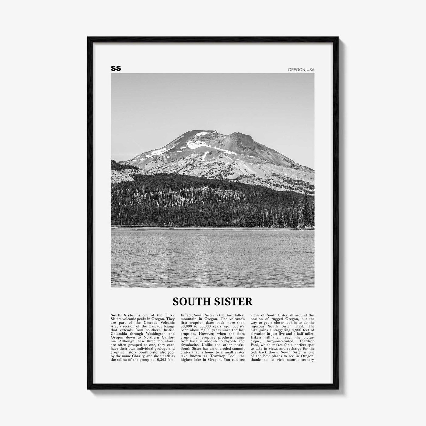 South Sister Print Black and White, South Sister Wall Art, South Sister Poster, South Sister Photo, South Sister Wall Décor, Oregon, USA