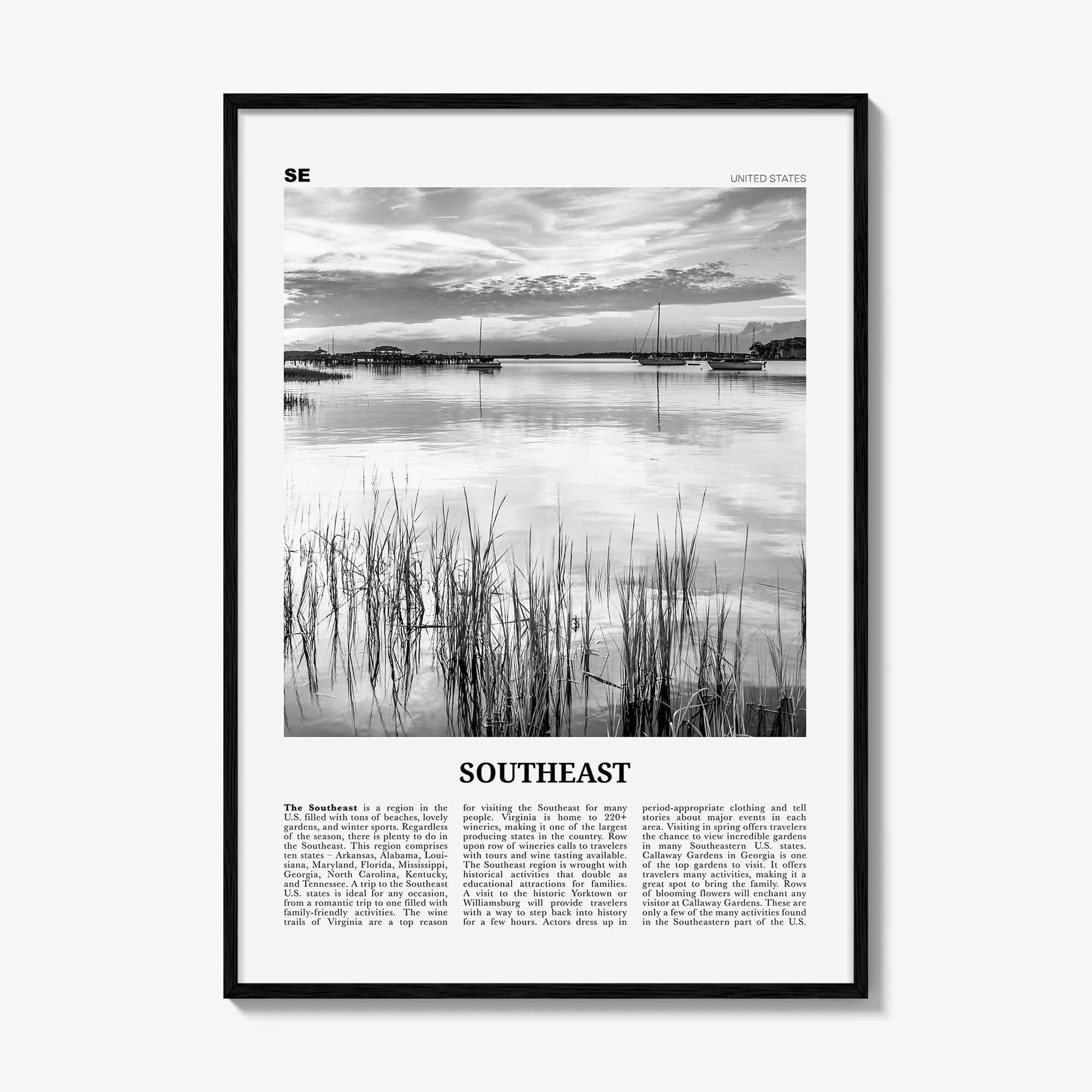 Southeast Print Black and White, Southeast Wall Art, Southeast Poster, Southeast Photo, Southeast Wall Décor, Southeast Map, United States
