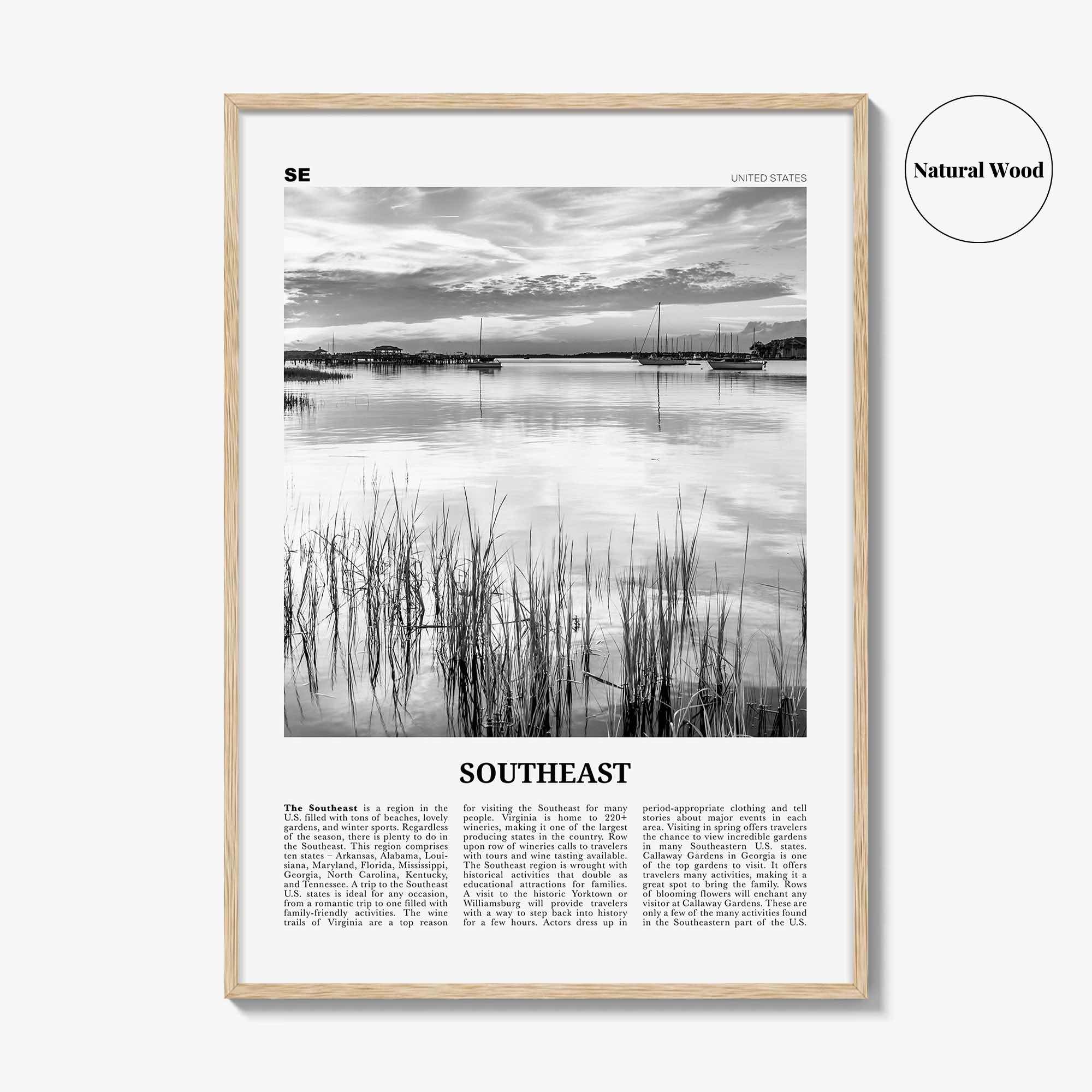 Southeast Print Black and White, Southeast Wall Art, Southeast Poster, Southeast Photo, Southeast Wall Décor, Southeast Map, United States