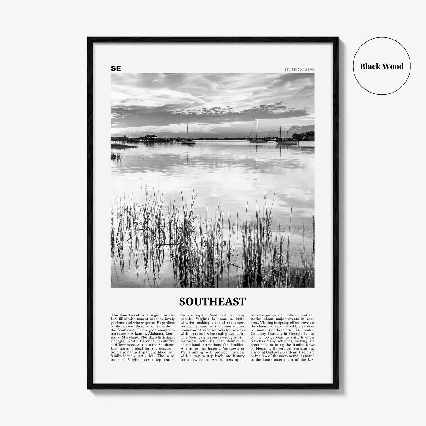 Southeast Print Black and White, Southeast Wall Art, Southeast Poster, Southeast Photo, Southeast Wall Décor, Southeast Map, United States