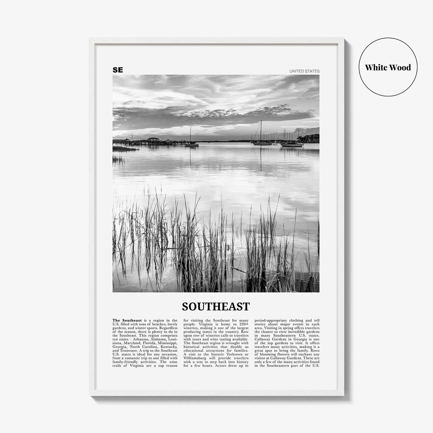 Southeast Print Black and White, Southeast Wall Art, Southeast Poster, Southeast Photo, Southeast Wall Décor, Southeast Map, United States