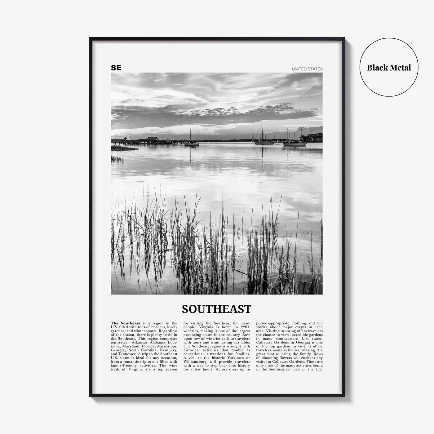 Southeast Print Black and White, Southeast Wall Art, Southeast Poster, Southeast Photo, Southeast Wall Décor, Southeast Map, United States