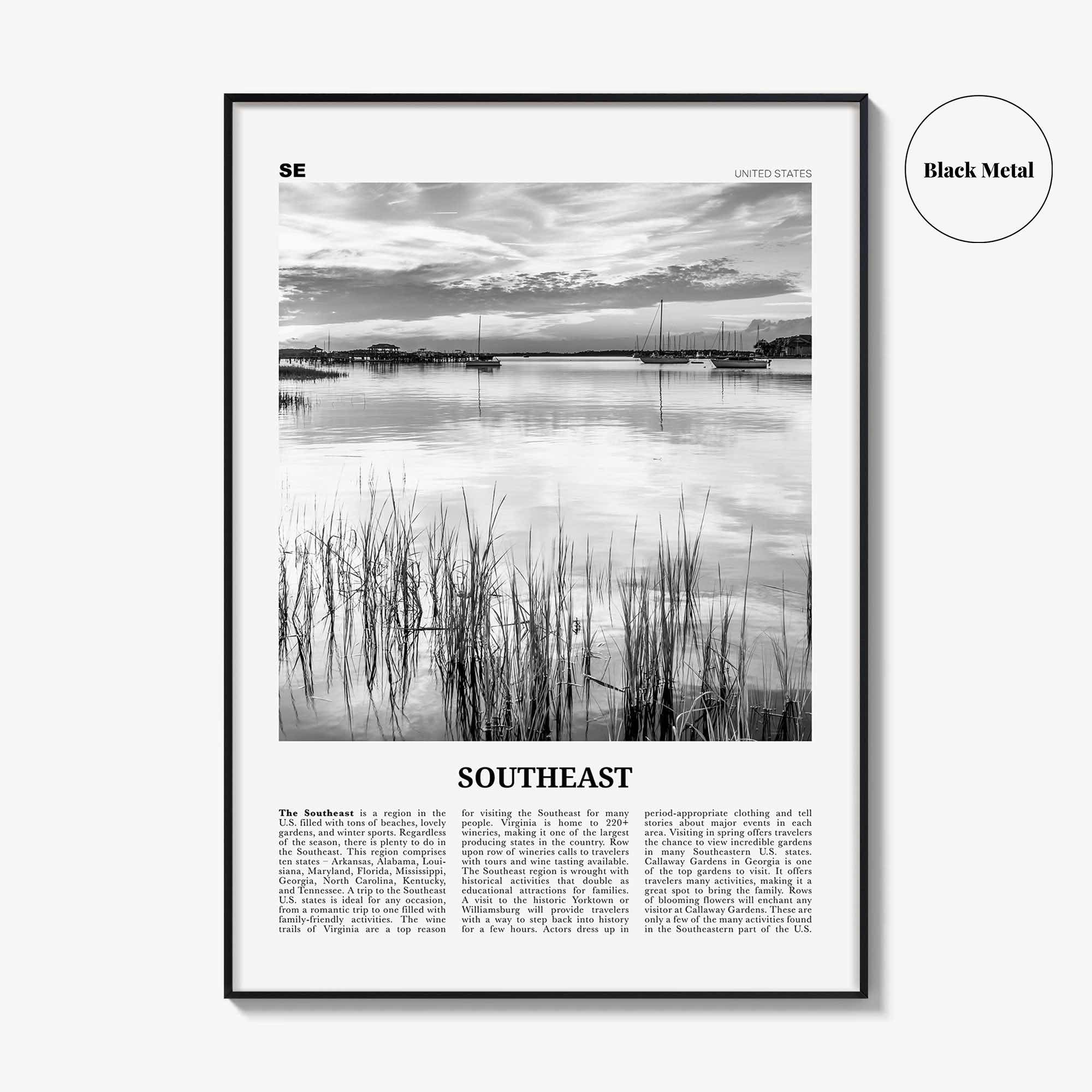 Southeast Print Black and White, Southeast Wall Art, Southeast Poster, Southeast Photo, Southeast Wall Décor, Southeast Map, United States