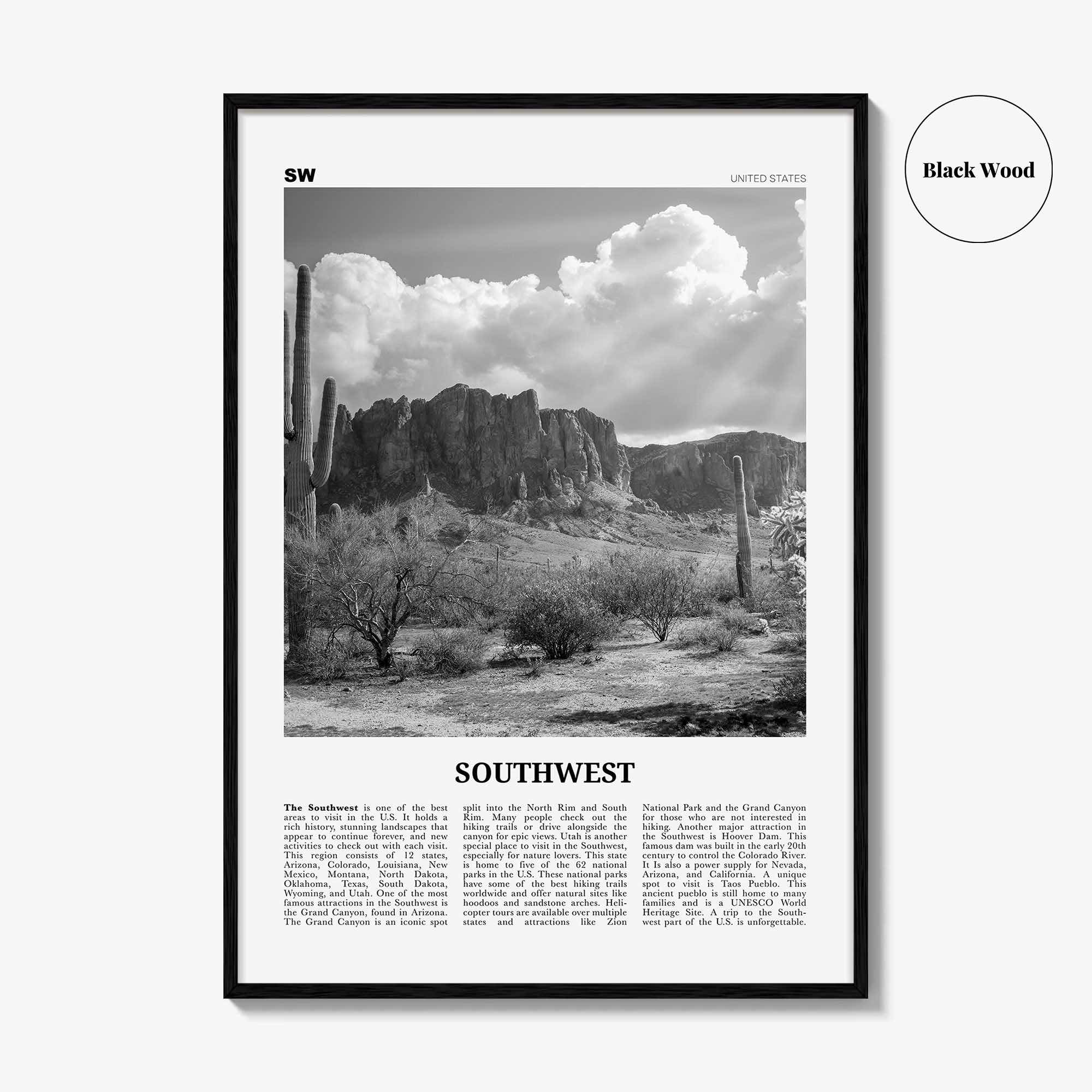 Southwest Print Black and White, Southwest Wall Art, Southwest Poster, Southwest Photo, Southwest Wall Décor, Southwest Map, United States