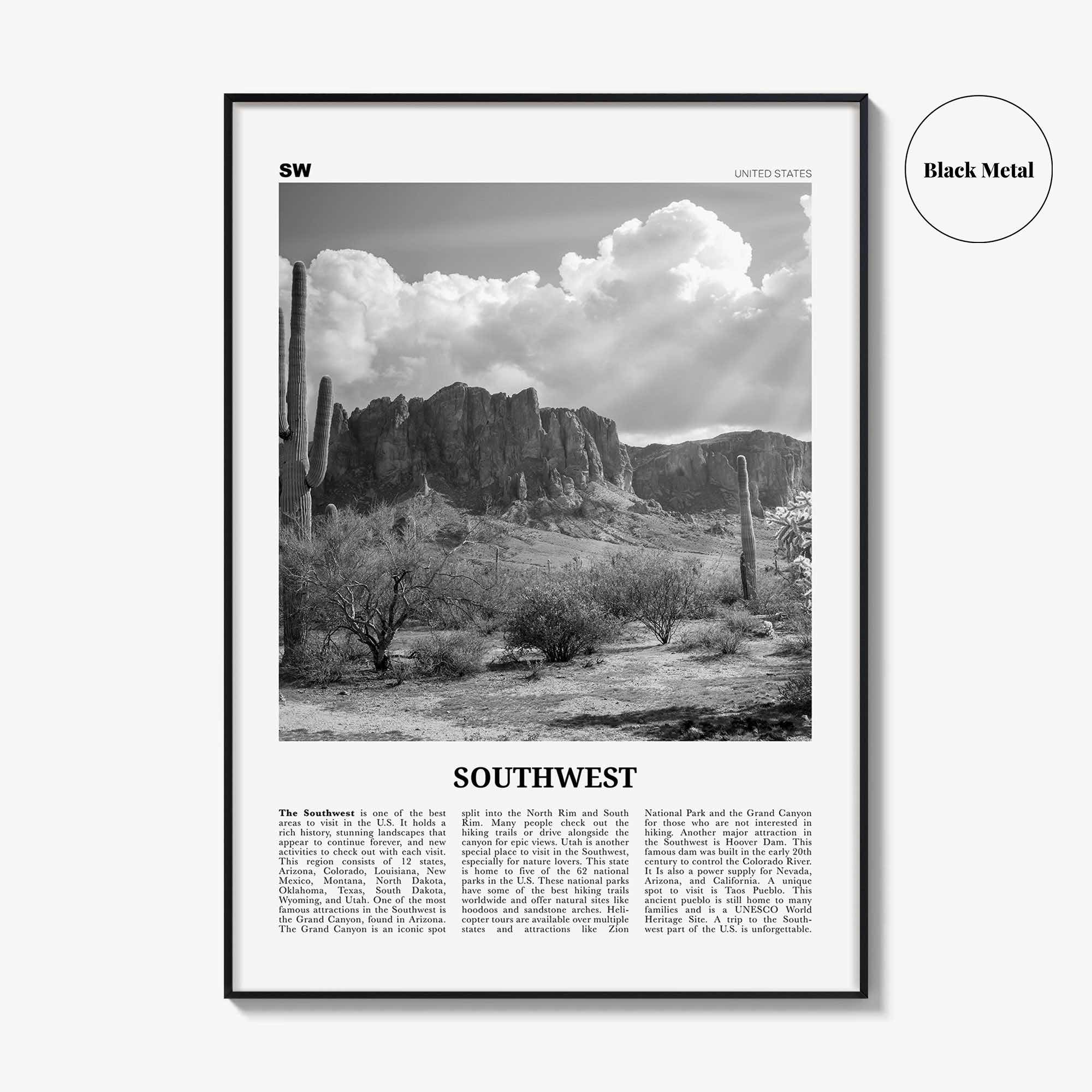 Southwest Print Black and White, Southwest Wall Art, Southwest Poster, Southwest Photo, Southwest Wall Décor, Southwest Map, United States