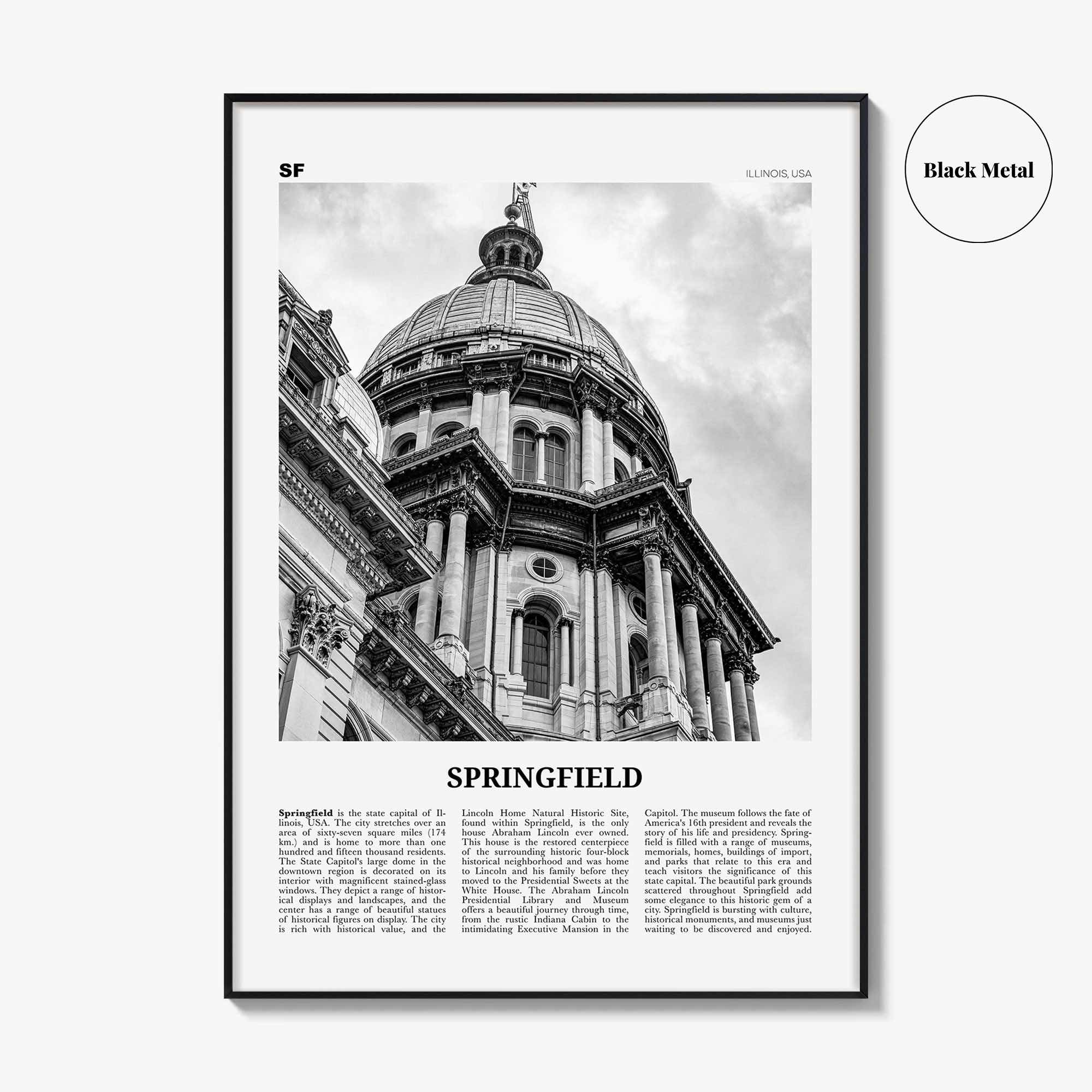 Springfield Print Black and White Illinois, Springfield Wall Art, Springfield Poster, Springfield Photo, Springfield Map, United States