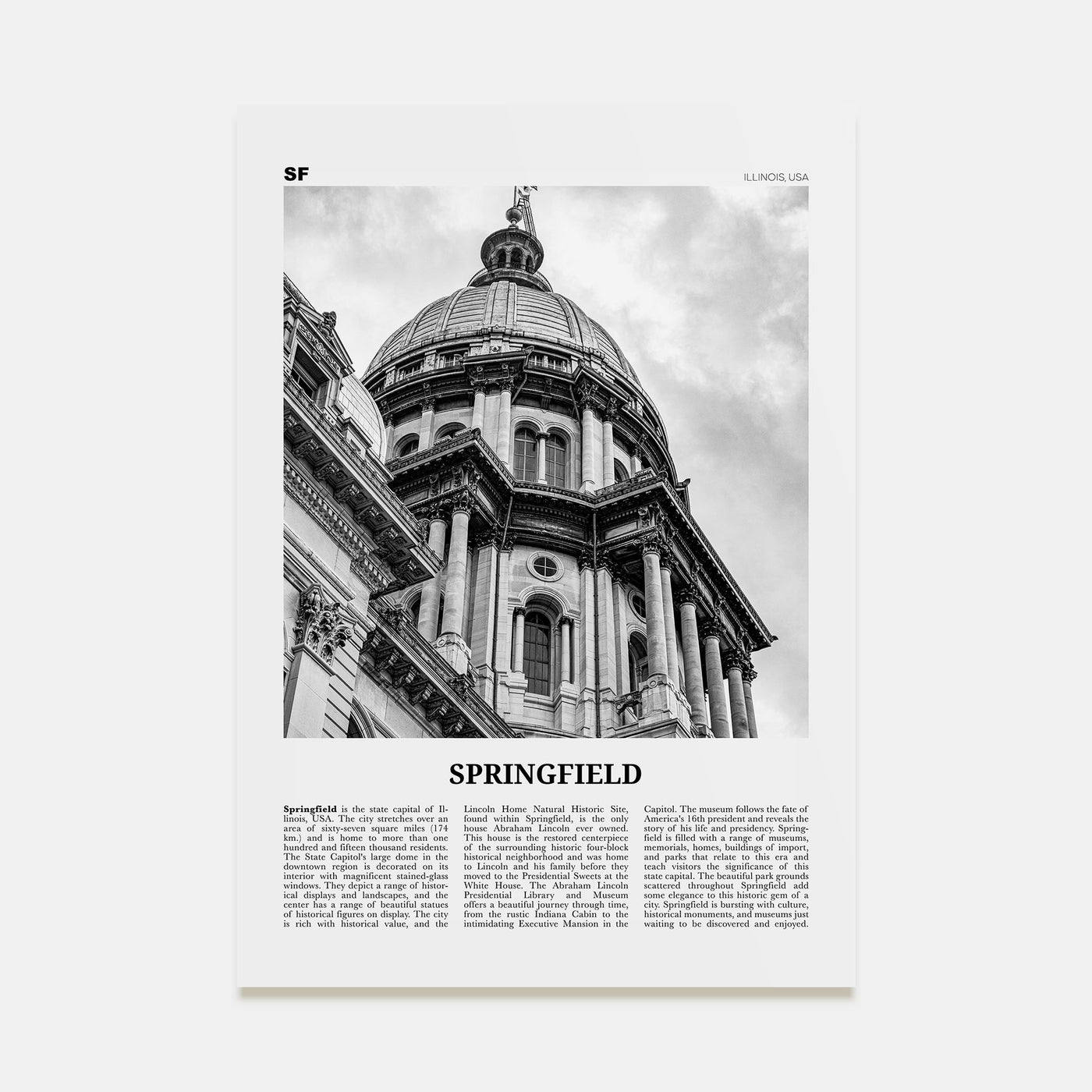 Springfield, Illinois Travel B&W Poster