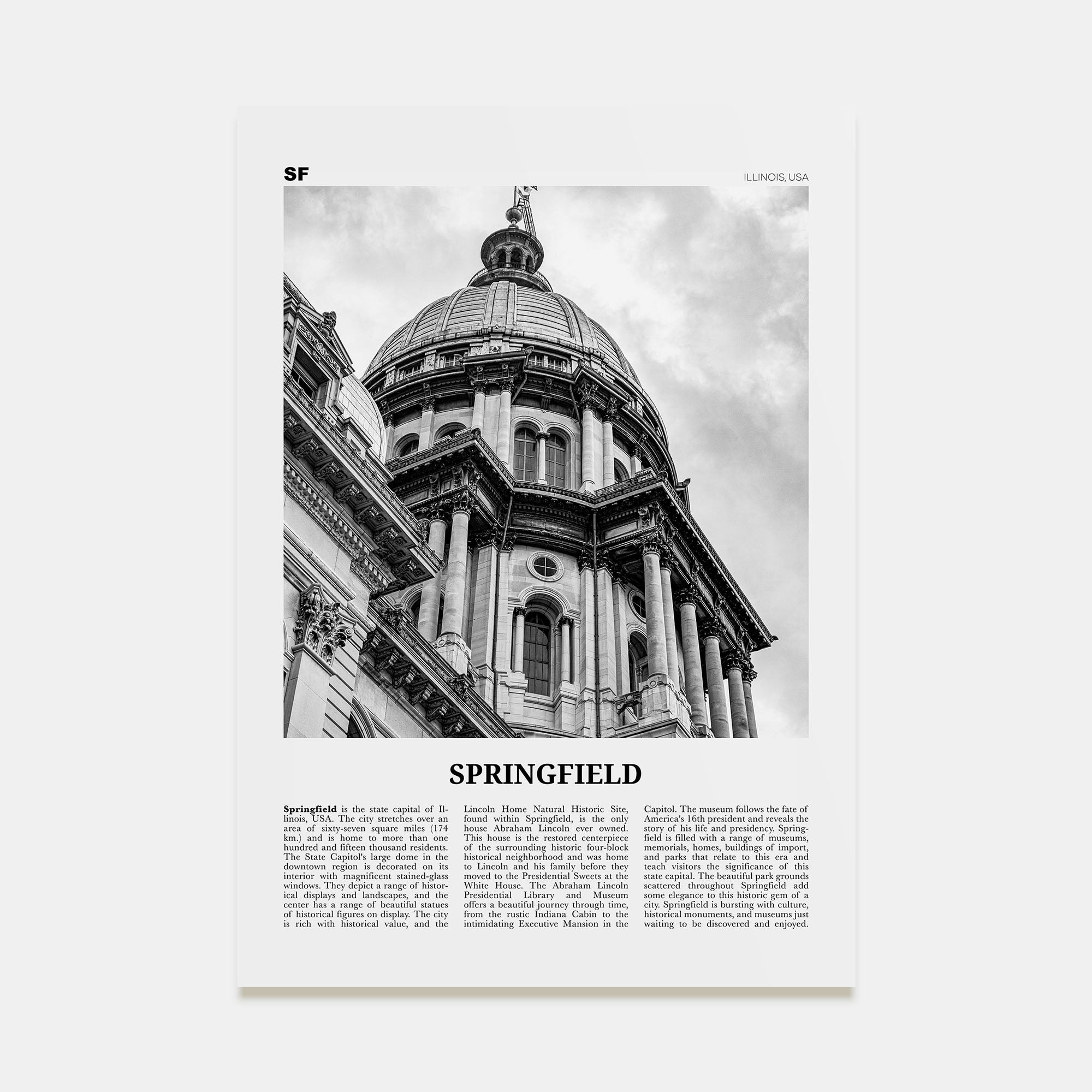 Springfield, Illinois Travel B&W Poster