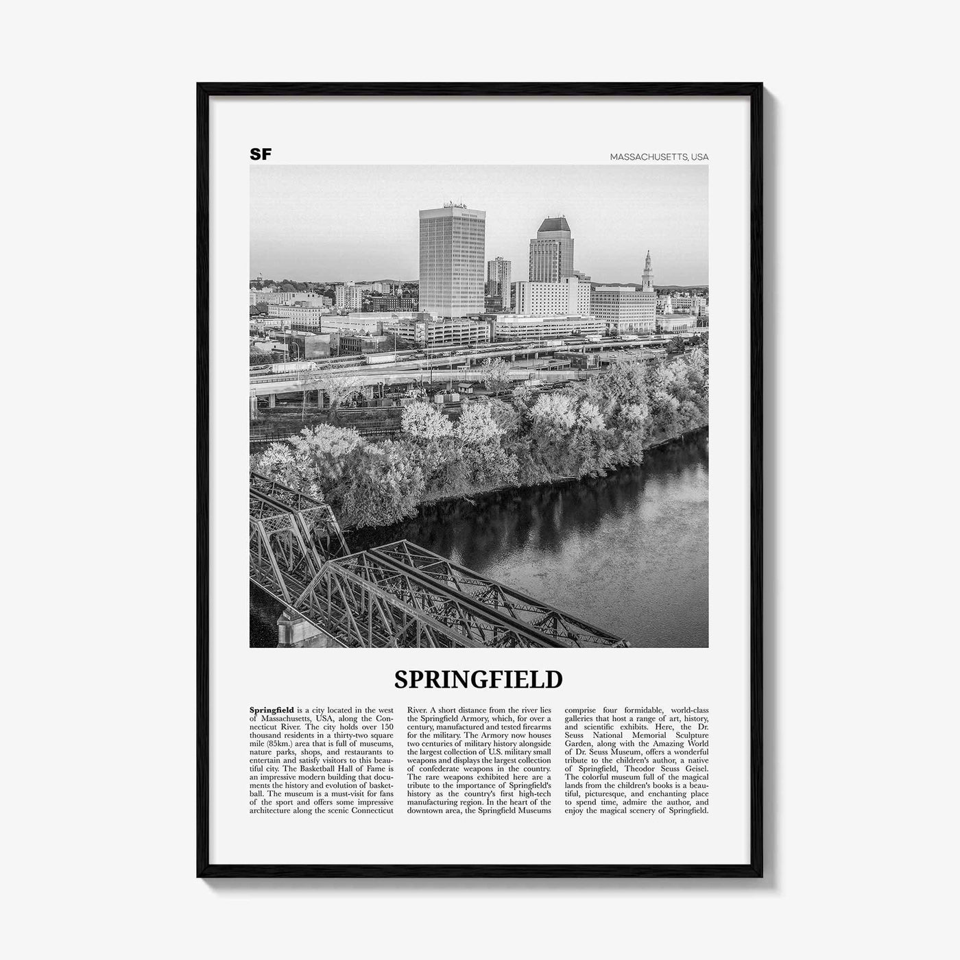 Springfield Print Black and White Massachusetts, Springfield Wall Art, Springfield Poster, Springfield Photo, Springfield Map, USA