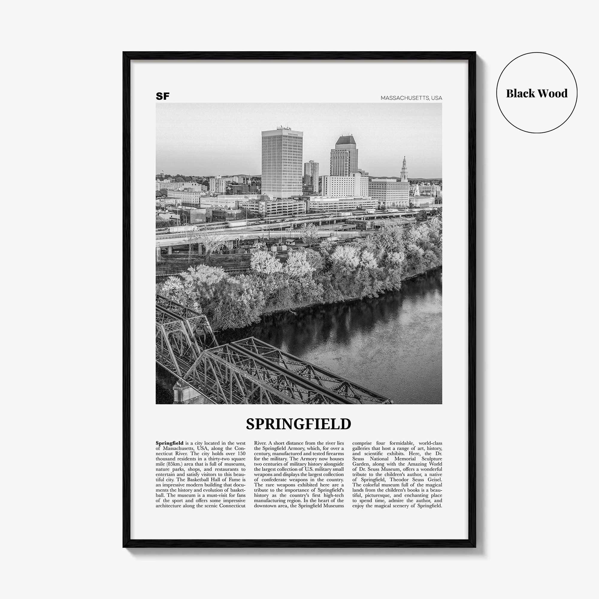Springfield Print Black and White Massachusetts, Springfield Wall Art, Springfield Poster, Springfield Photo, Springfield Map, USA