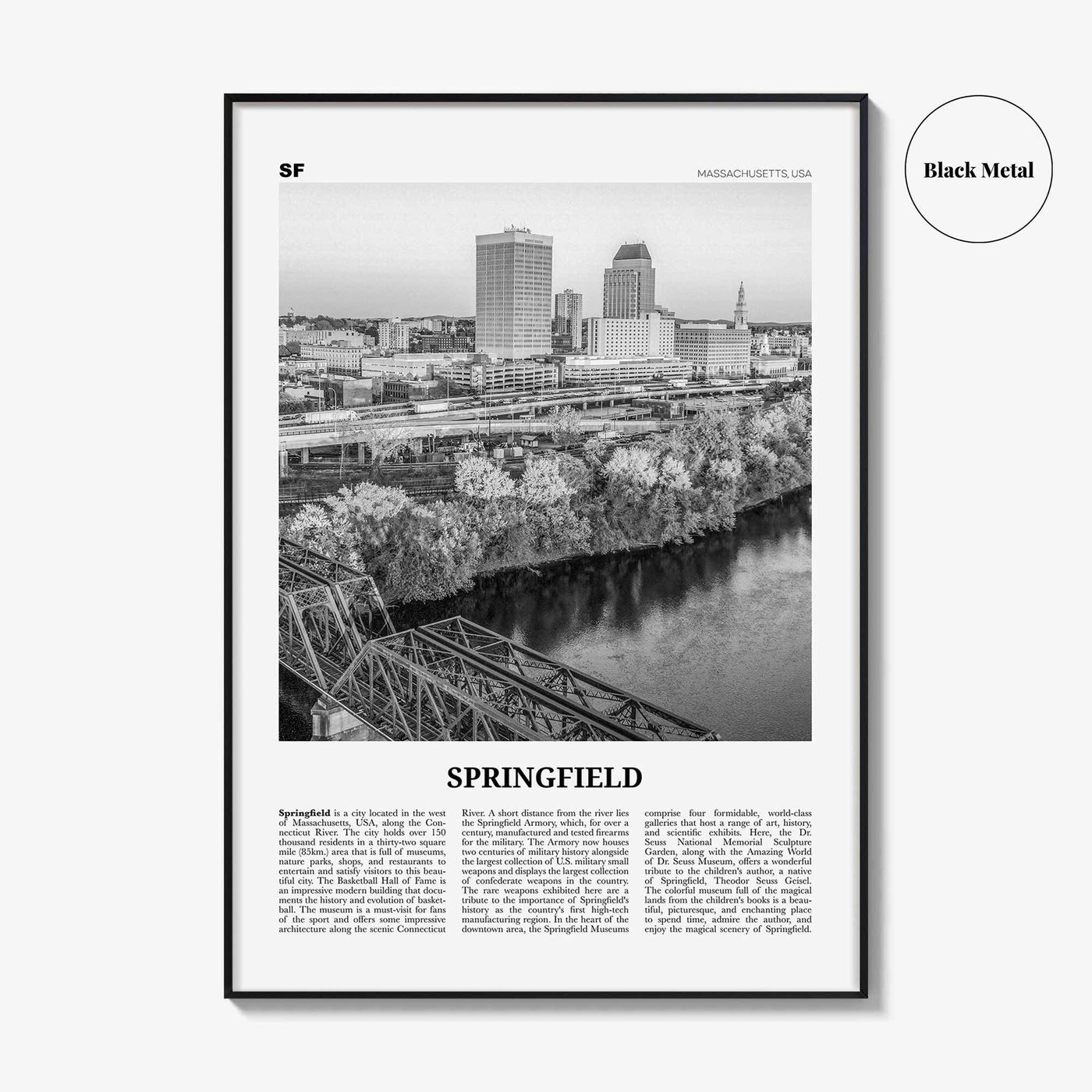 Springfield Print Black and White Massachusetts, Springfield Wall Art, Springfield Poster, Springfield Photo, Springfield Map, USA