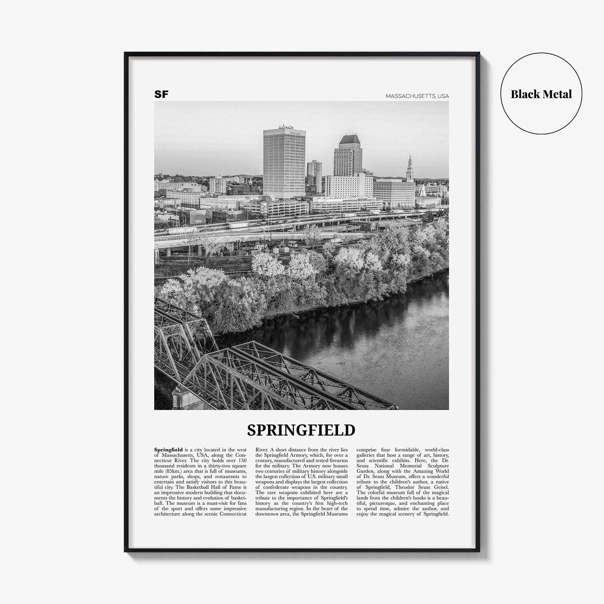 Springfield Print Black and White Massachusetts, Springfield Wall Art, Springfield Poster, Springfield Photo, Springfield Map, USA