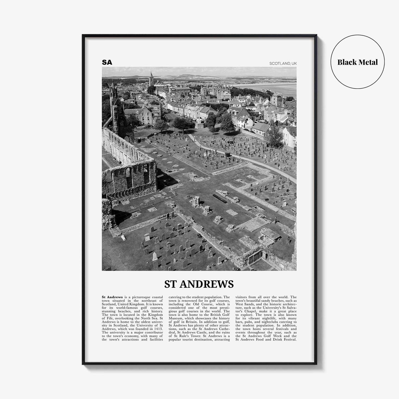 St Andrews Print Black and White, St Andrews Wall Art, St Andrews Poster, St Andrews Photo, Wall Décor, St Andrews Map, Scotland, UK