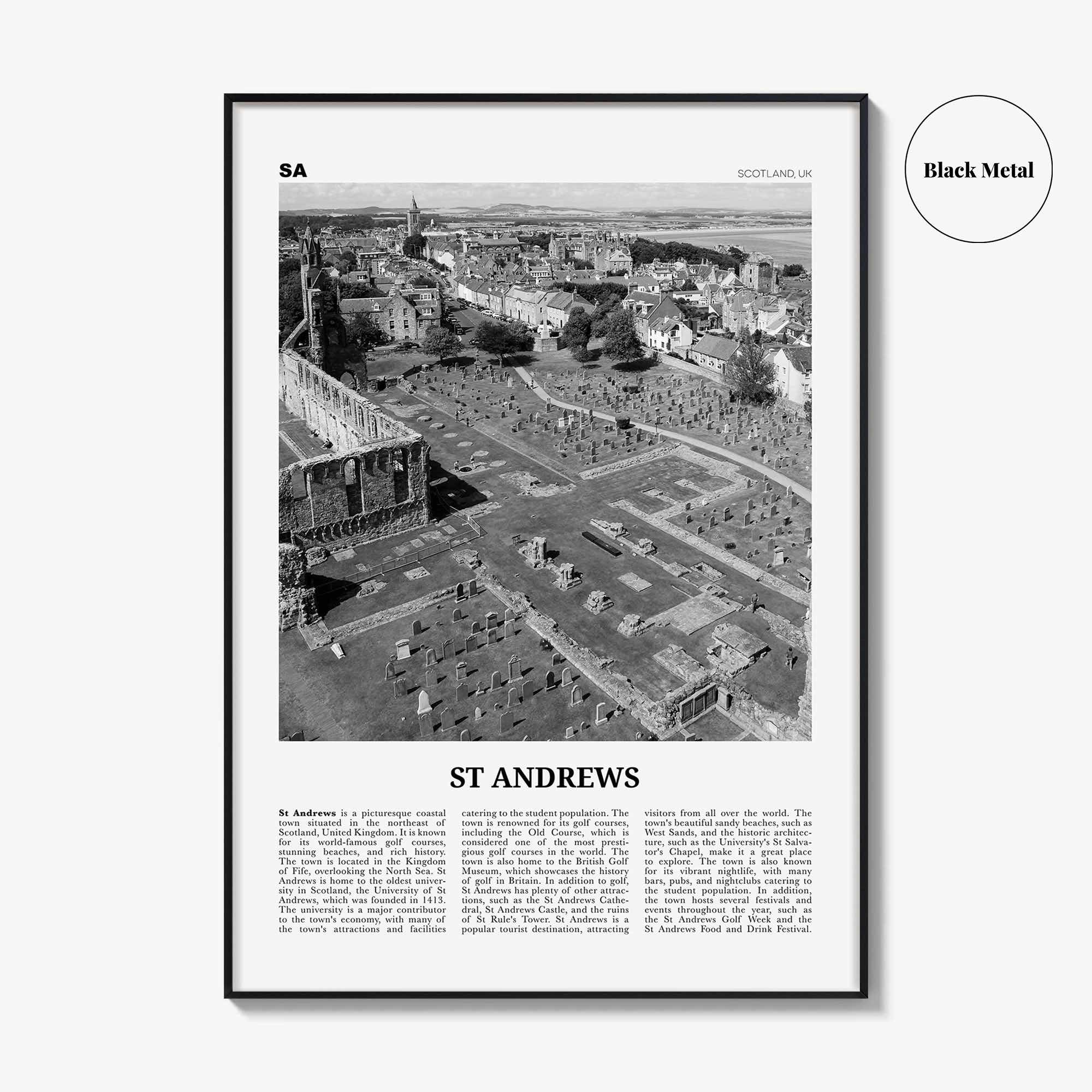 St Andrews Print Black and White, St Andrews Wall Art, St Andrews Poster, St Andrews Photo, Wall Décor, St Andrews Map, Scotland, UK