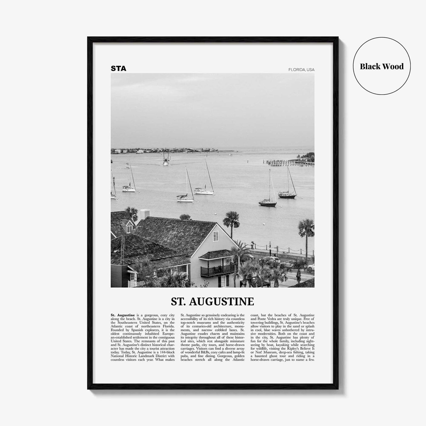 St Augustine Print Black and White No 1, St Augustine Wall Art, St Augustine Poster, Saint Augustine, Florida, USA, United States