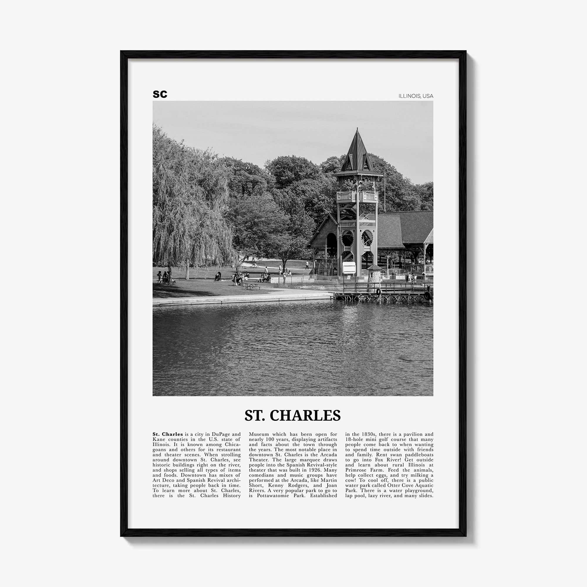 St Charles Print Black and White Illinois, St Charles Wall Art, St Charles Poster, St Charles Photo, St Charles Wall Décor, St Charles Map