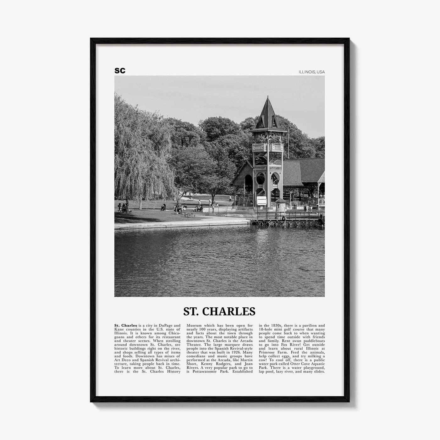 St Charles Print Black and White Illinois, St Charles Wall Art, St Charles Poster, St Charles Photo, St Charles Wall Décor, St Charles Map