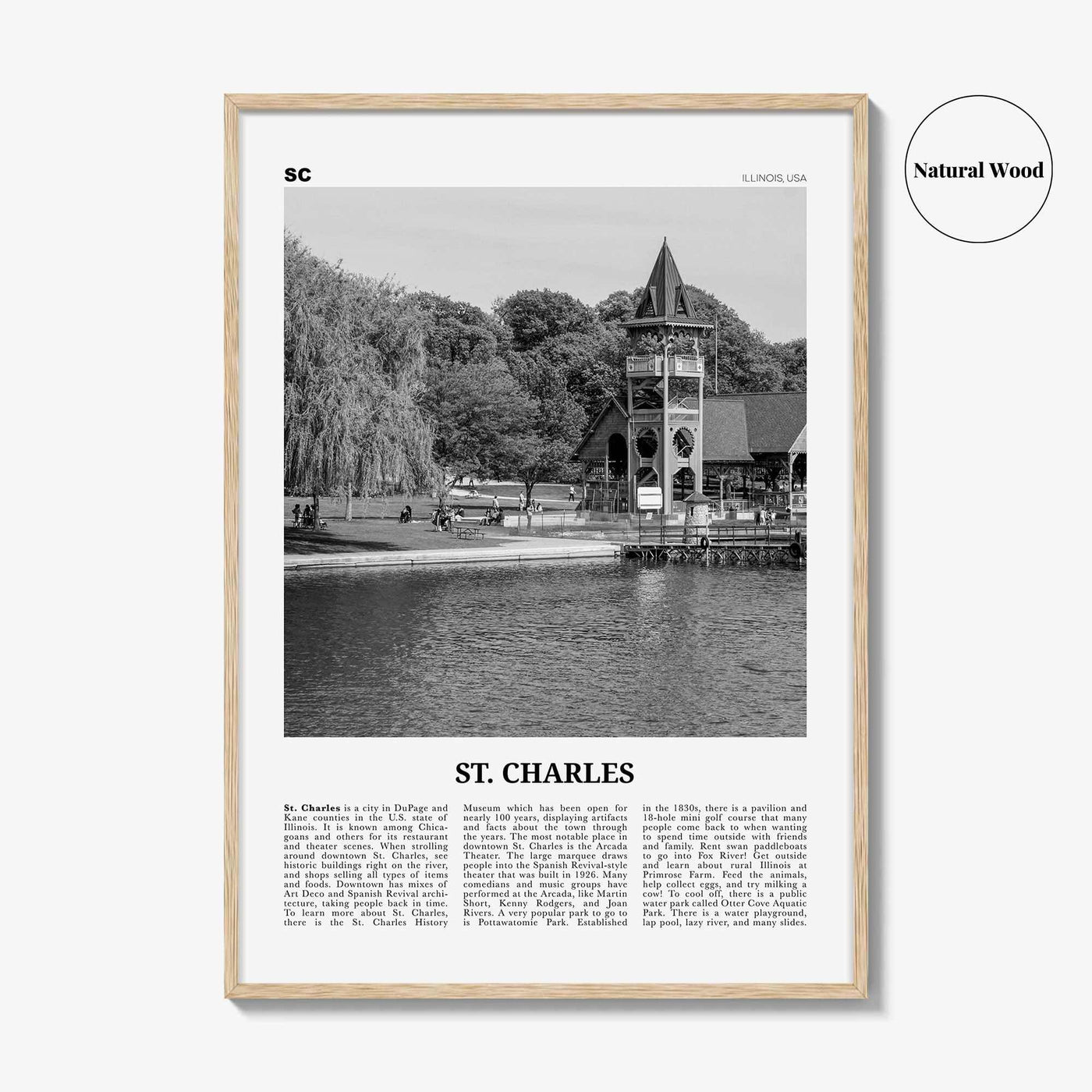St Charles Print Black and White Illinois, St Charles Wall Art, St Charles Poster, St Charles Photo, St Charles Wall Décor, St Charles Map