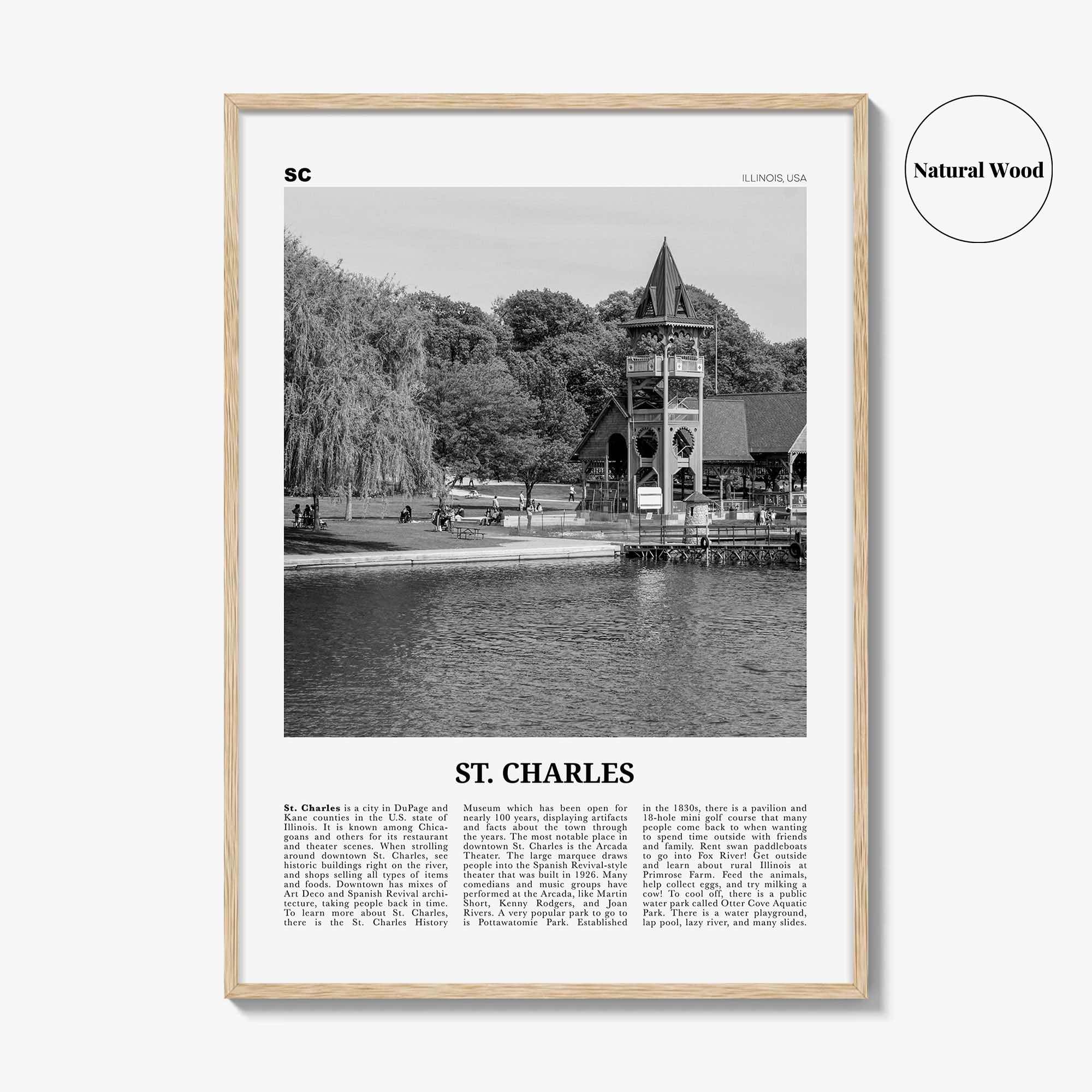 St Charles Print Black and White Illinois, St Charles Wall Art, St Charles Poster, St Charles Photo, St Charles Wall Décor, St Charles Map