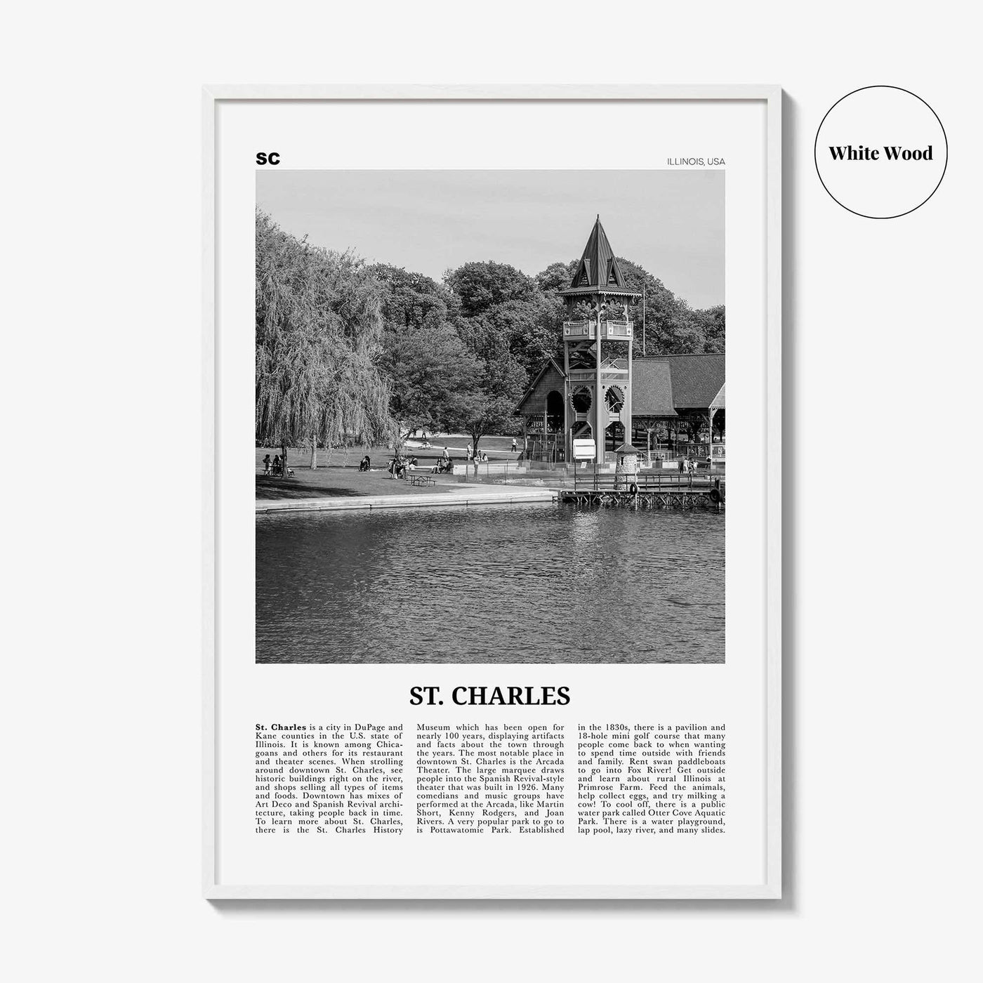 St Charles Print Black and White Illinois, St Charles Wall Art, St Charles Poster, St Charles Photo, St Charles Wall Décor, St Charles Map