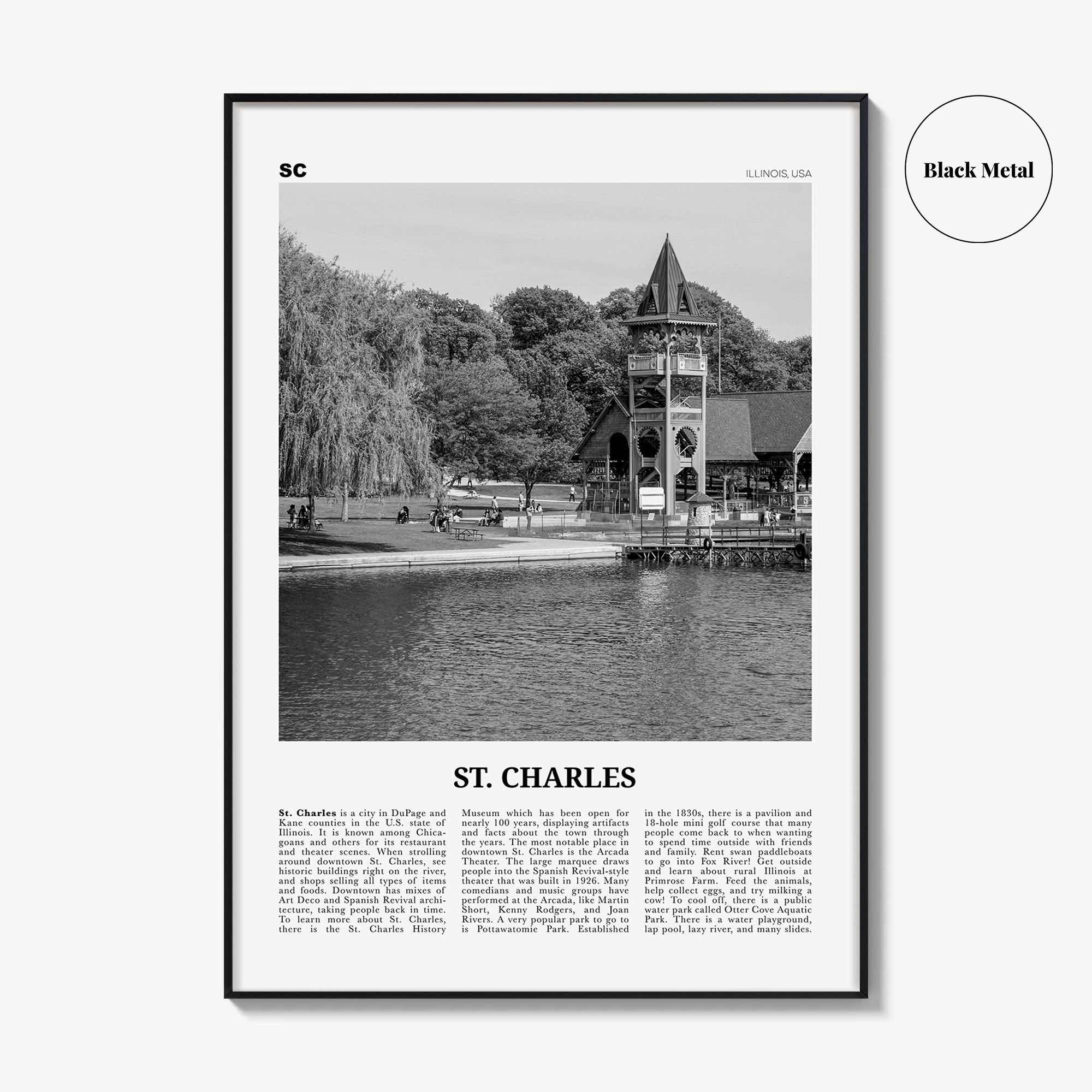 St Charles Print Black and White Illinois, St Charles Wall Art, St Charles Poster, St Charles Photo, St Charles Wall Décor, St Charles Map