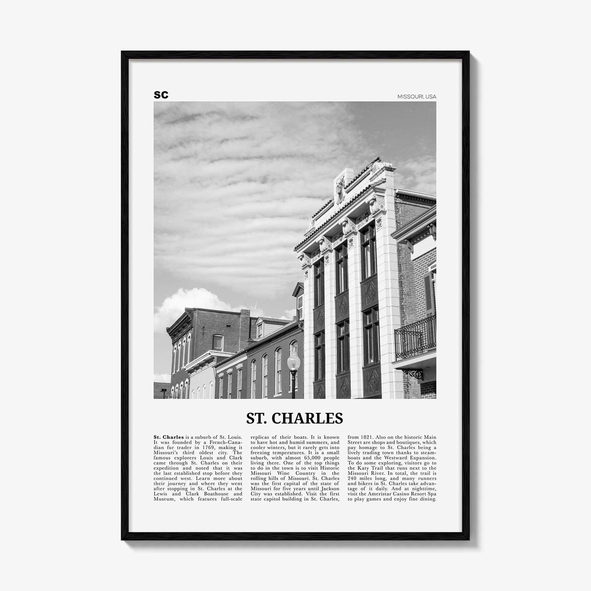 St Charles Print Black and White Missouri, St Charles Wall Art, St Charles Poster, St Charles Photo, St Charles Wall Décor, St Charles Map