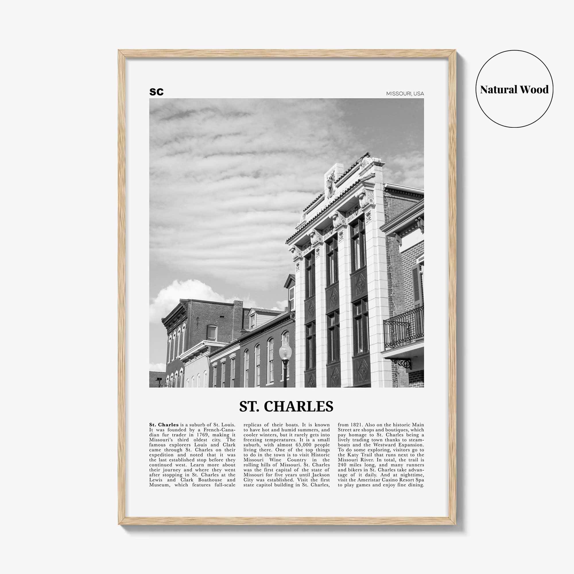 St Charles Print Black and White Missouri, St Charles Wall Art, St Charles Poster, St Charles Photo, St Charles Wall Décor, St Charles Map