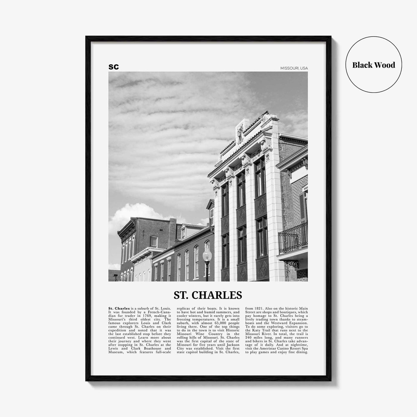St Charles Print Black and White Missouri, St Charles Wall Art, St Charles Poster, St Charles Photo, St Charles Wall Décor, St Charles Map