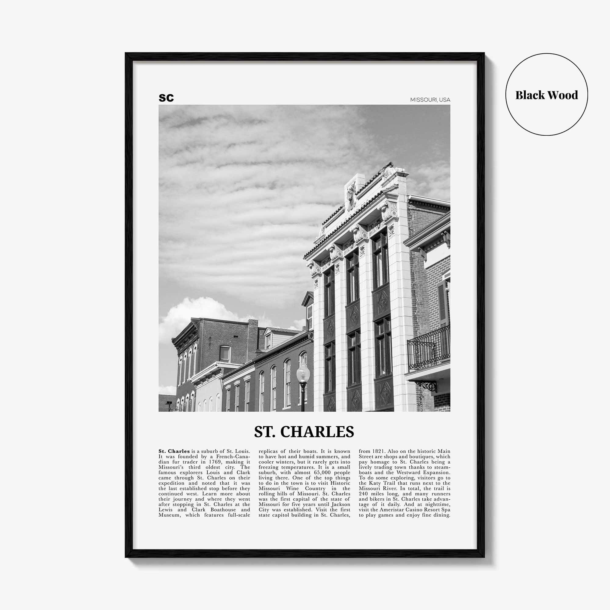 St Charles Print Black and White Missouri, St Charles Wall Art, St Charles Poster, St Charles Photo, St Charles Wall Décor, St Charles Map