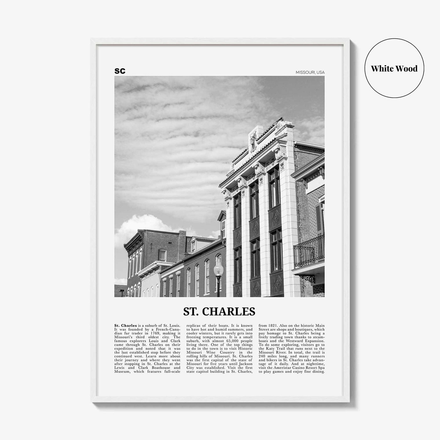 St Charles Print Black and White Missouri, St Charles Wall Art, St Charles Poster, St Charles Photo, St Charles Wall Décor, St Charles Map
