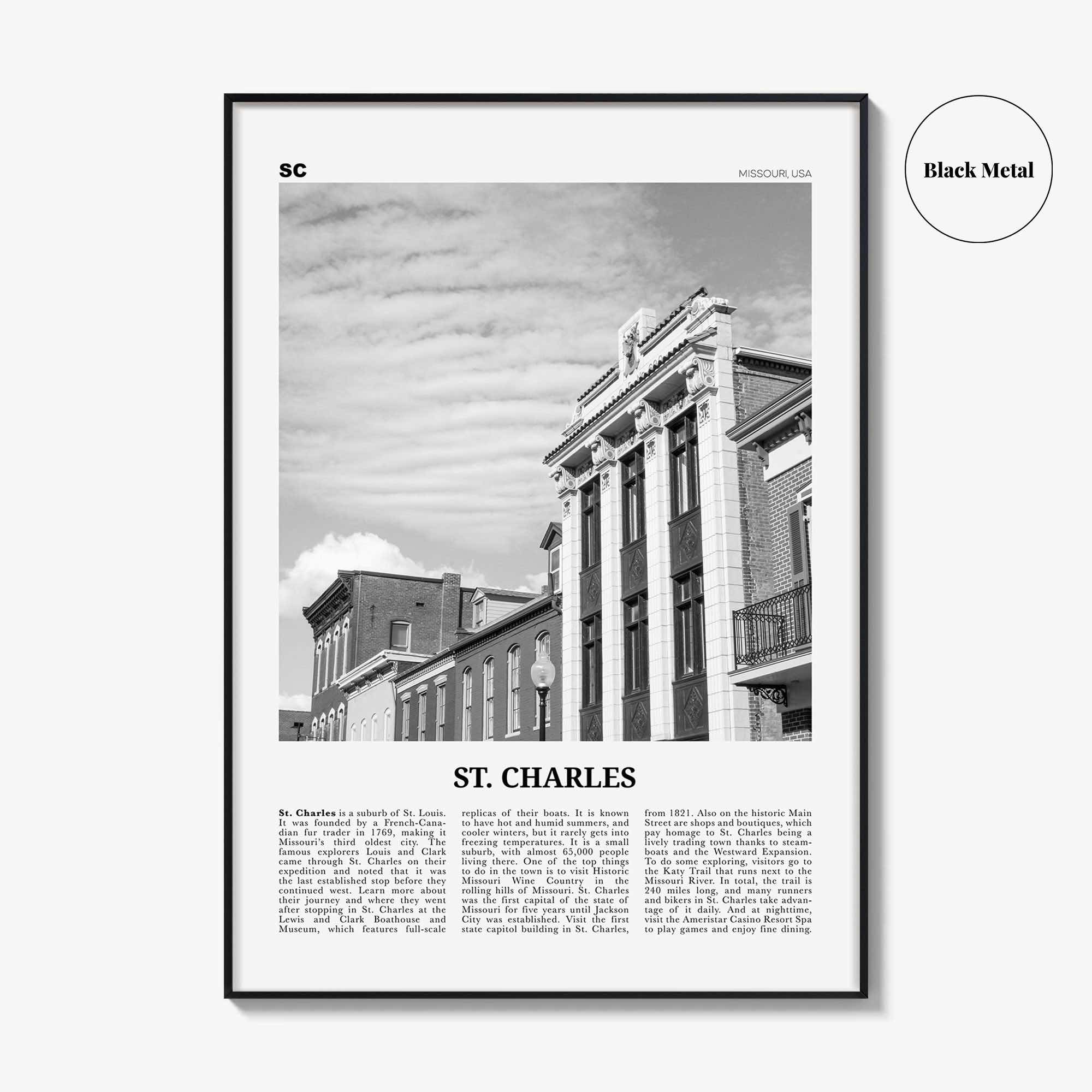 St Charles Print Black and White Missouri, St Charles Wall Art, St Charles Poster, St Charles Photo, St Charles Wall Décor, St Charles Map
