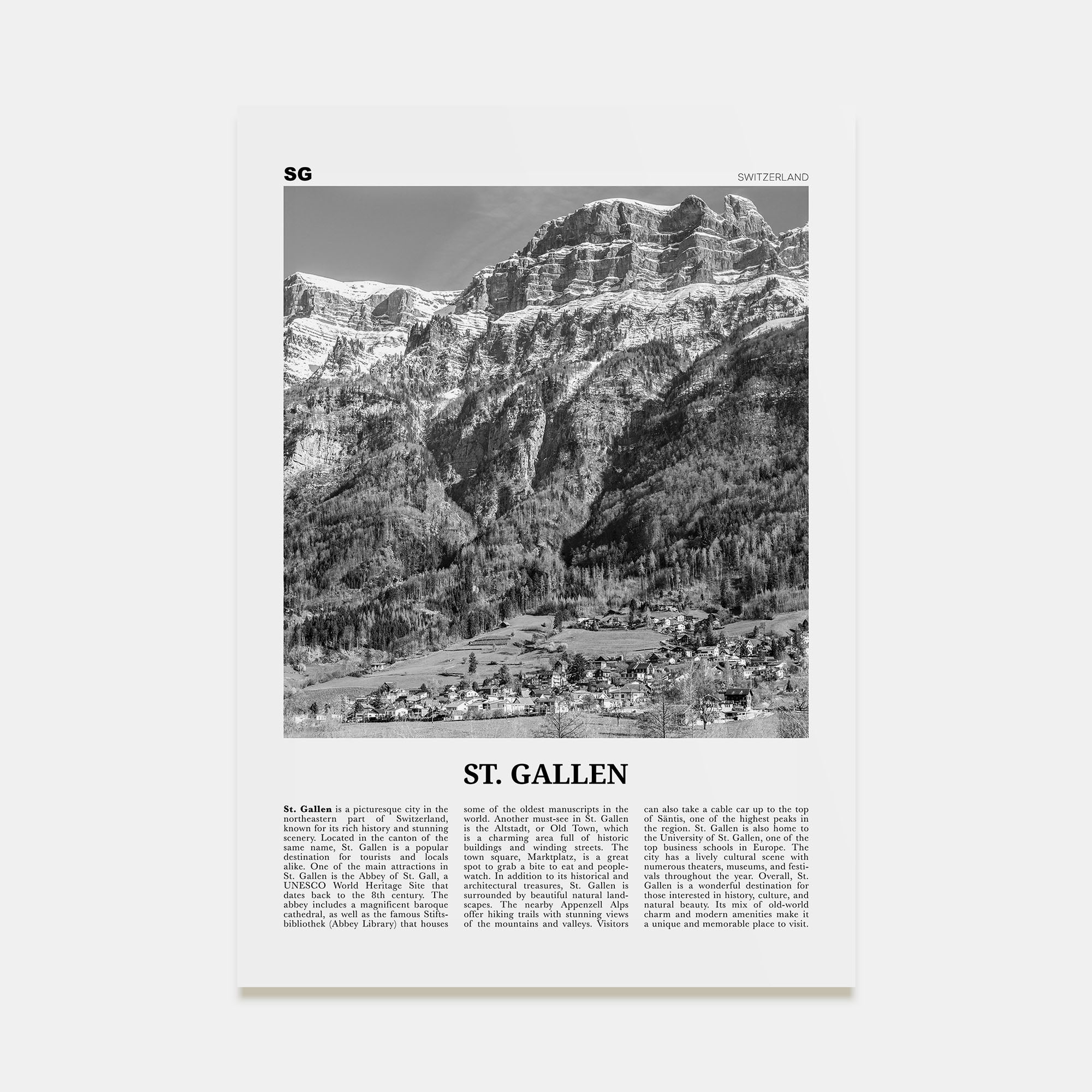 St. Gallen Travel B&W Poster