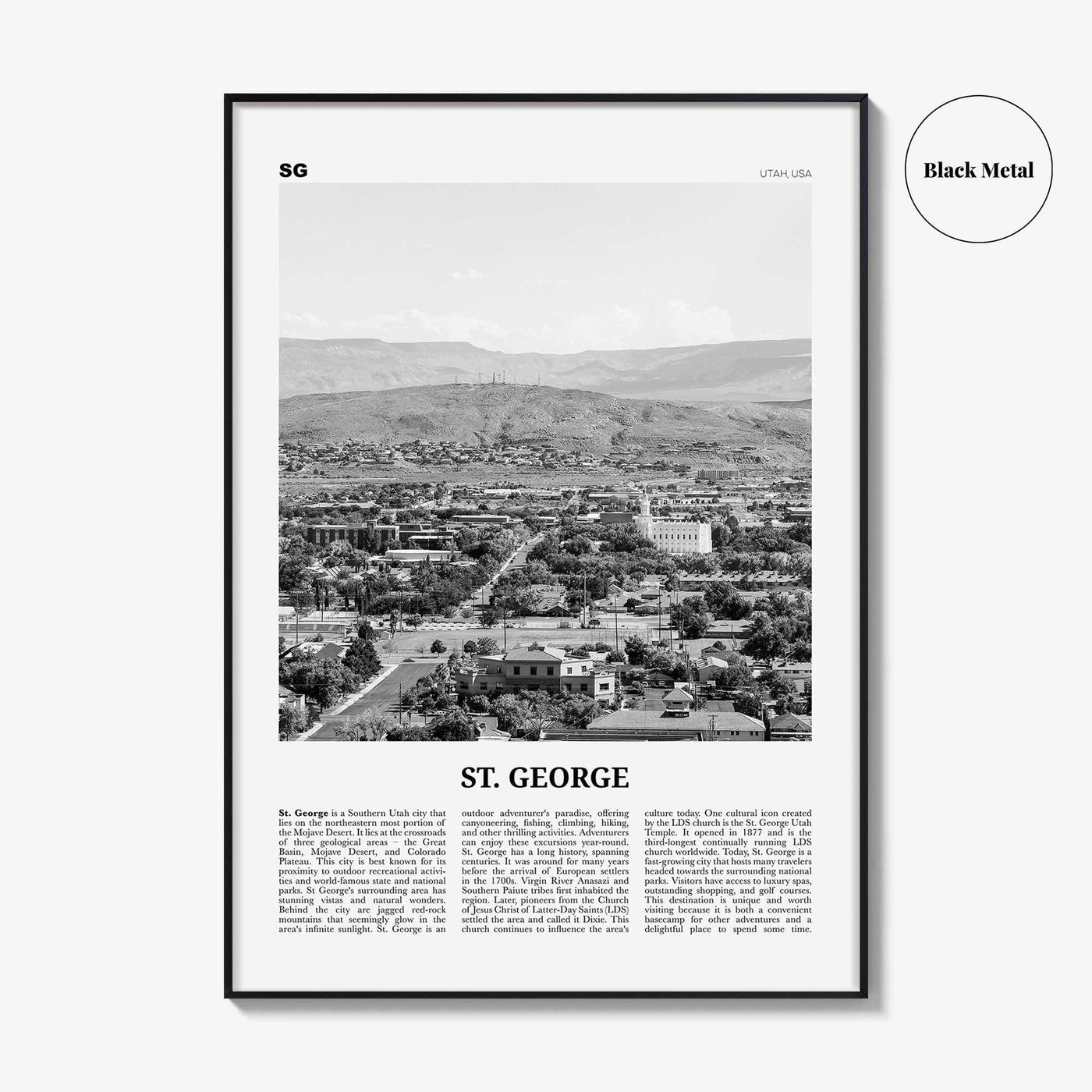 St George Print Black and White, St. George Wall Art, St. George Poster, St. George Photo, St. George Wall Décor, St. George Map, Utah, USA