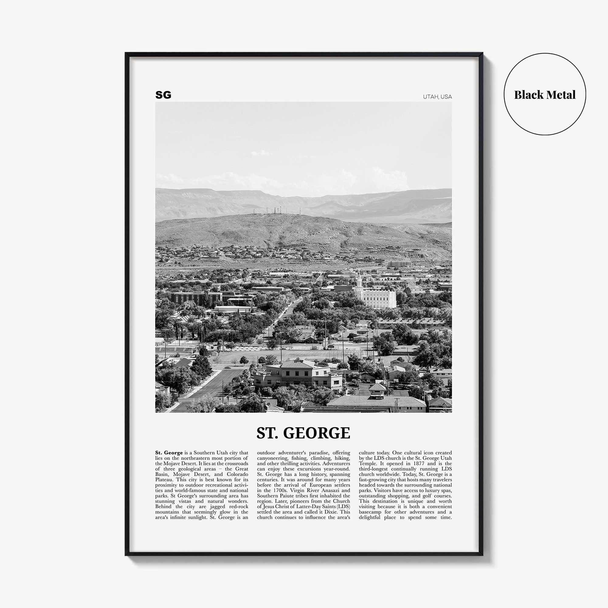 St George Print Black and White, St. George Wall Art, St. George Poster, St. George Photo, St. George Wall Décor, St. George Map, Utah, USA