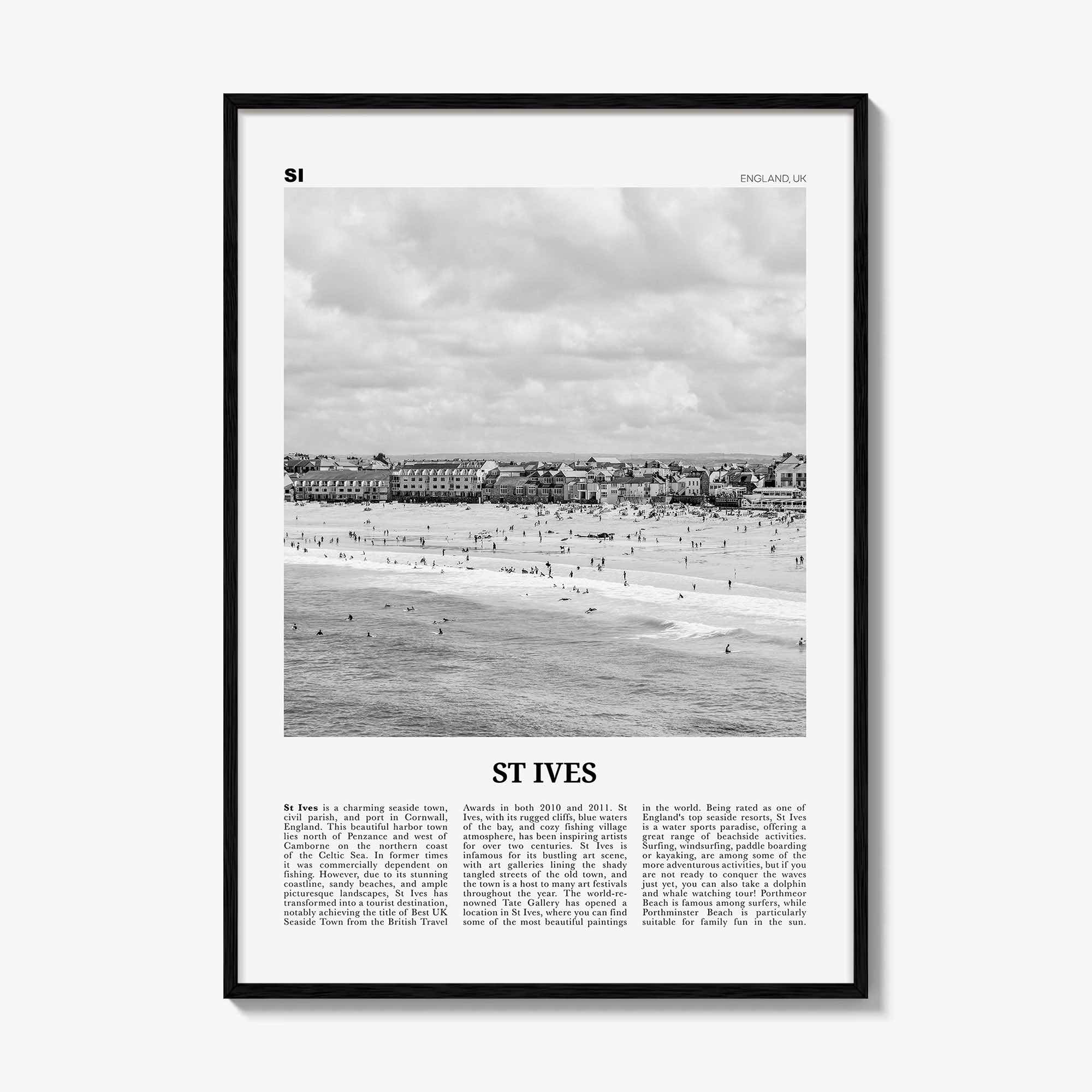 St Ives Print Black and White, St Ives Wall Art, St Ives Poster, St Ives Photo, St Ives Décor, Cornwall, Porth Ia, England, United Kingdom