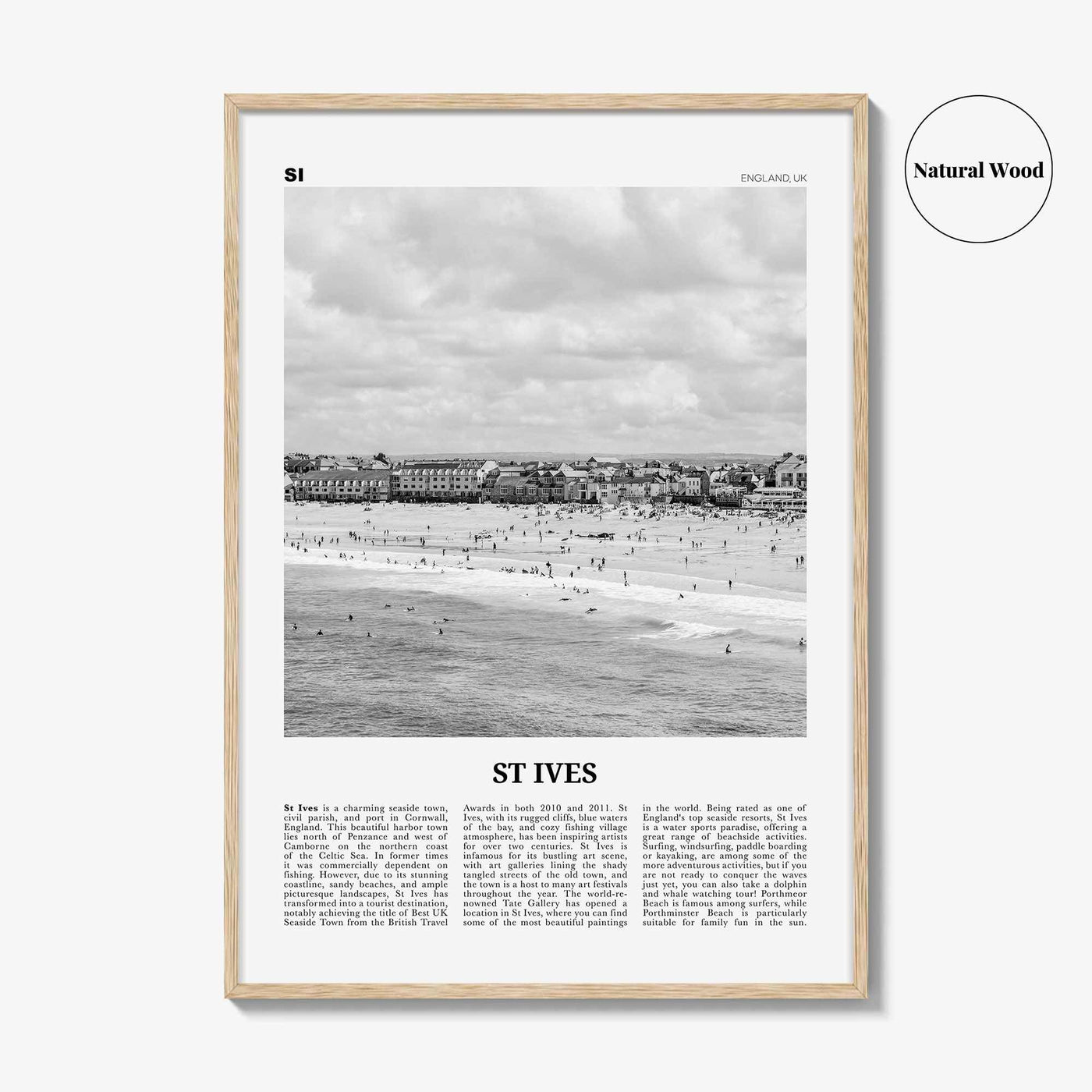St Ives Print Black and White, St Ives Wall Art, St Ives Poster, St Ives Photo, St Ives Décor, Cornwall, Porth Ia, England, United Kingdom