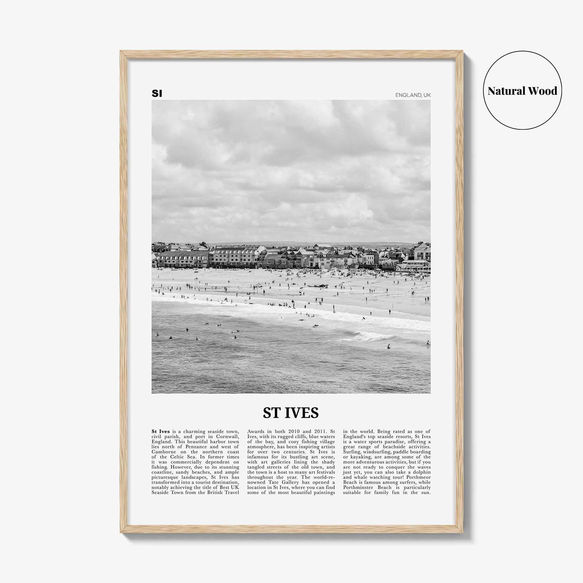 St Ives Print Black and White, St Ives Wall Art, St Ives Poster, St Ives Photo, St Ives Décor, Cornwall, Porth Ia, England, United Kingdom