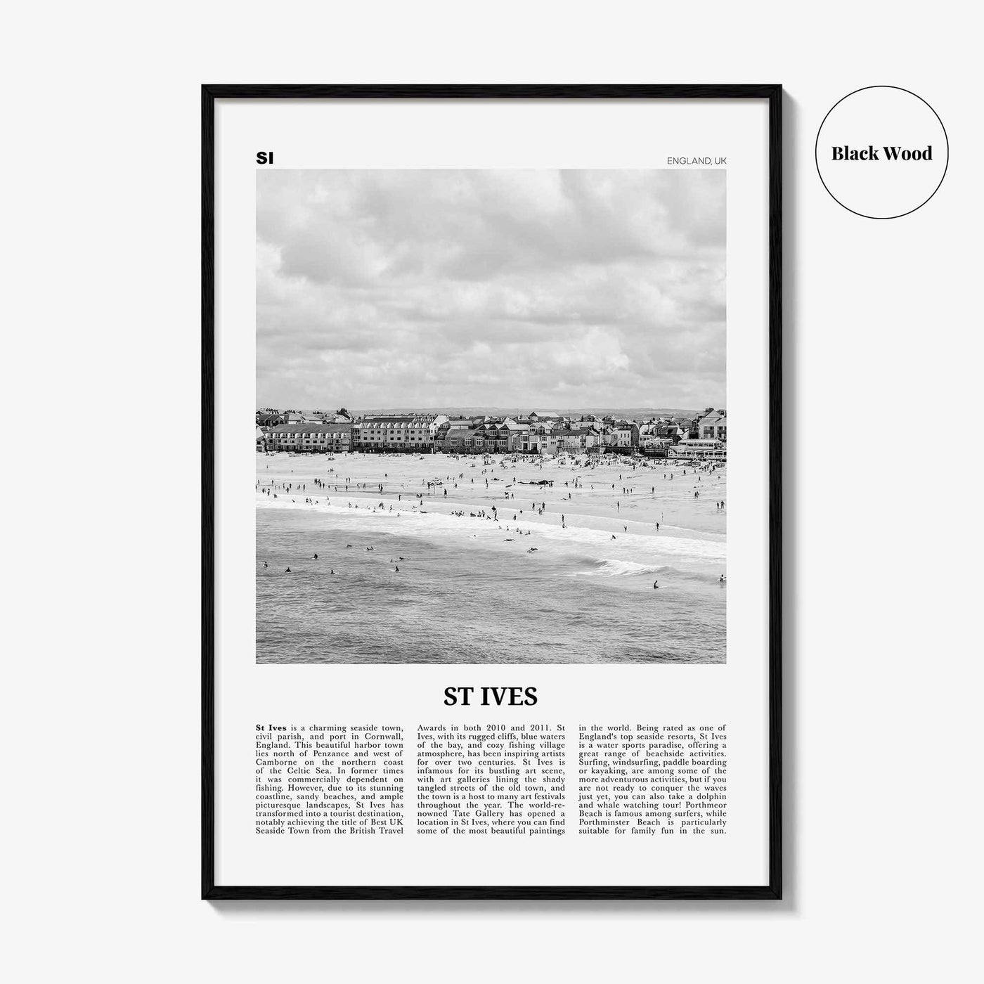 St Ives Print Black and White, St Ives Wall Art, St Ives Poster, St Ives Photo, St Ives Décor, Cornwall, Porth Ia, England, United Kingdom