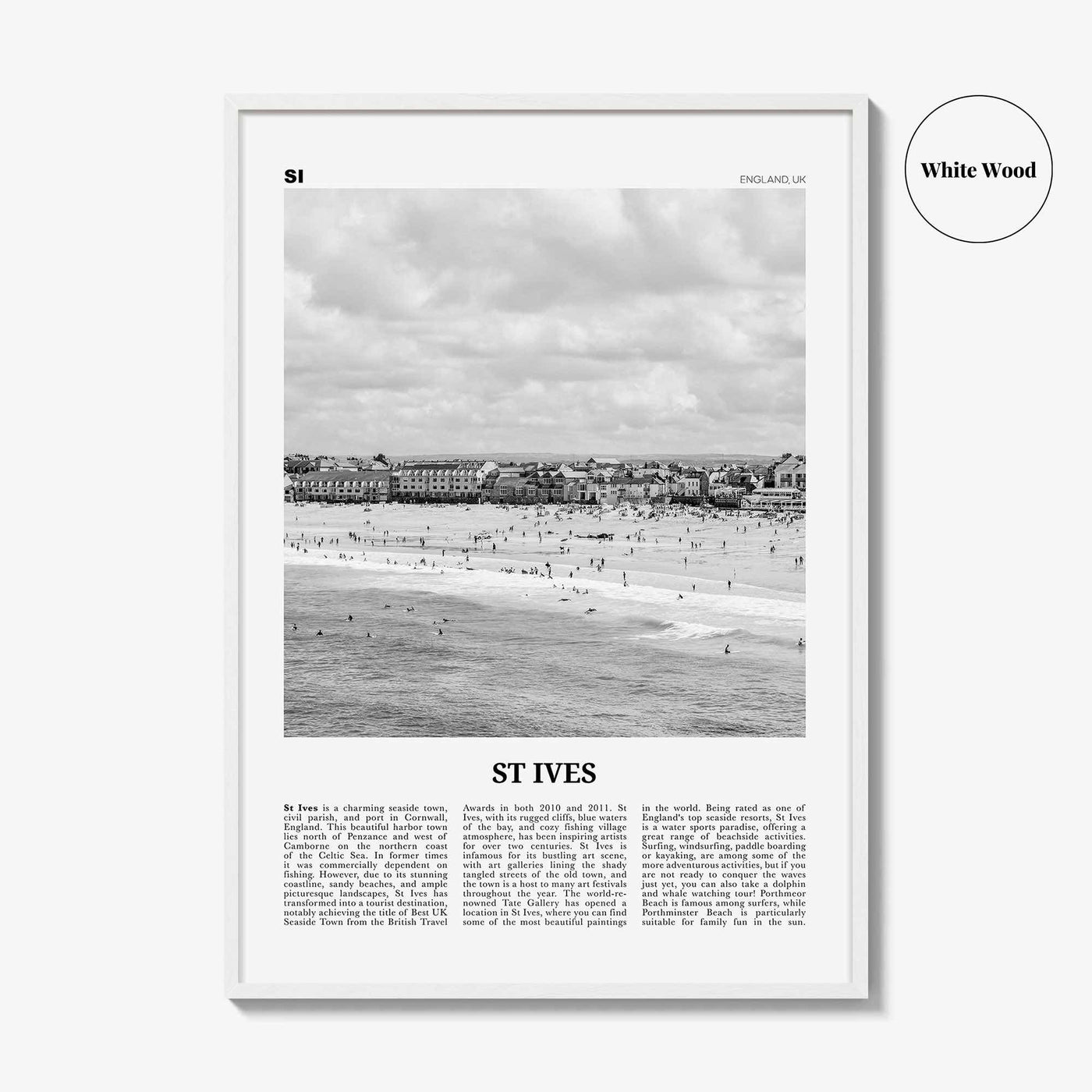 St Ives Print Black and White, St Ives Wall Art, St Ives Poster, St Ives Photo, St Ives Décor, Cornwall, Porth Ia, England, United Kingdom
