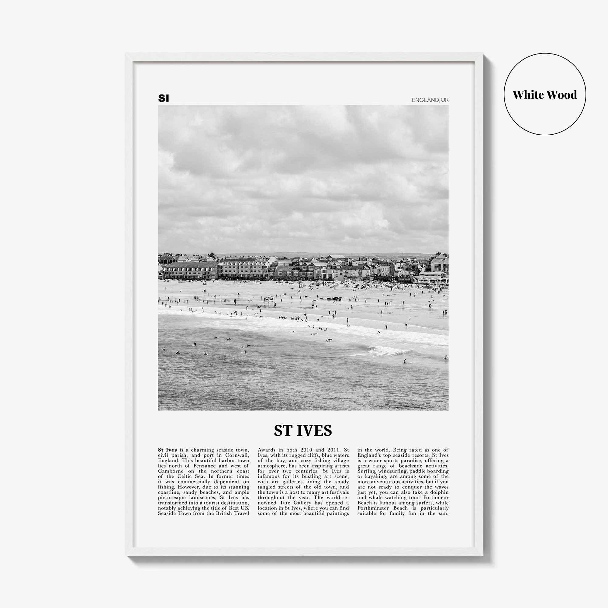 St Ives Print Black and White, St Ives Wall Art, St Ives Poster, St Ives Photo, St Ives Décor, Cornwall, Porth Ia, England, United Kingdom