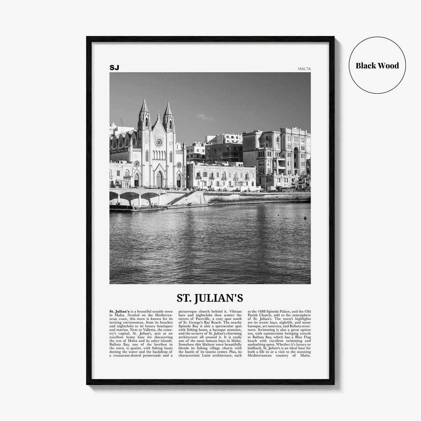 St Julians Print Black and White, St. Julian’s Wall Art, St. Julian’s Poster, St. Julian’s Photo, St. Julian’s Décor, St. Julian’s Map