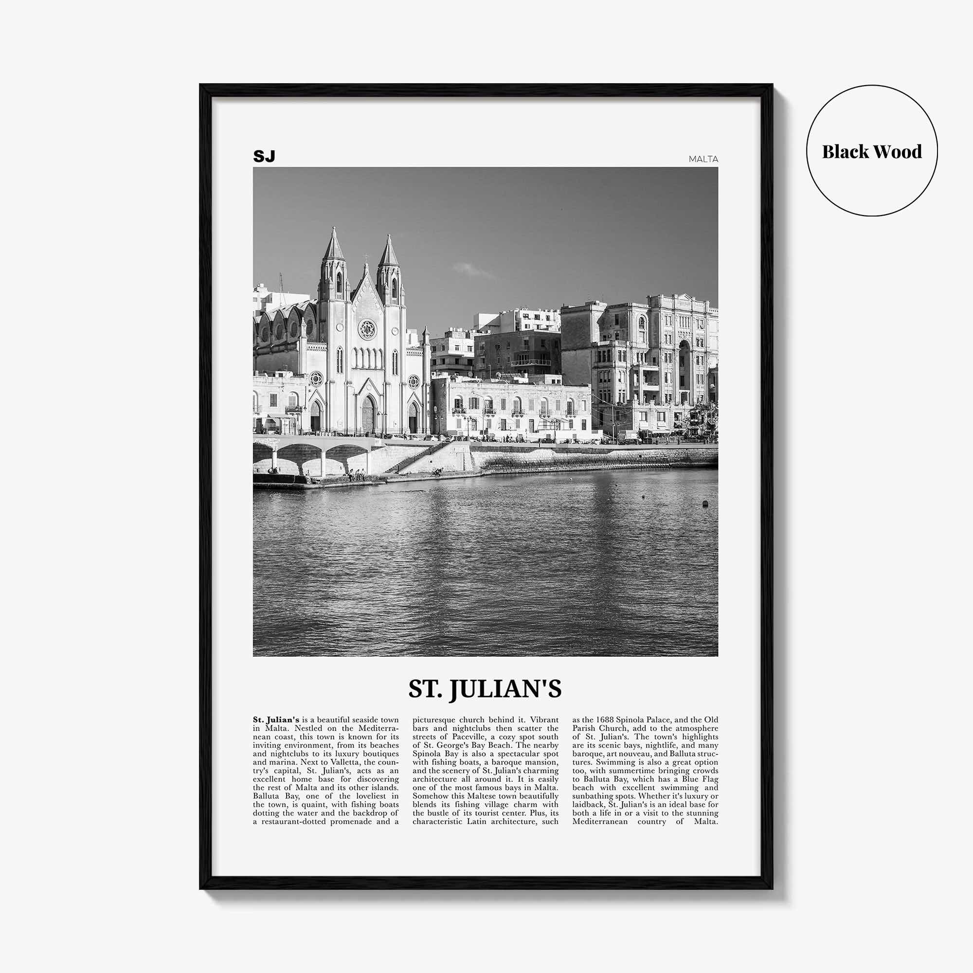 St Julians Print Black and White, St. Julian’s Wall Art, St. Julian’s Poster, St. Julian’s Photo, St. Julian’s Décor, St. Julian’s Map