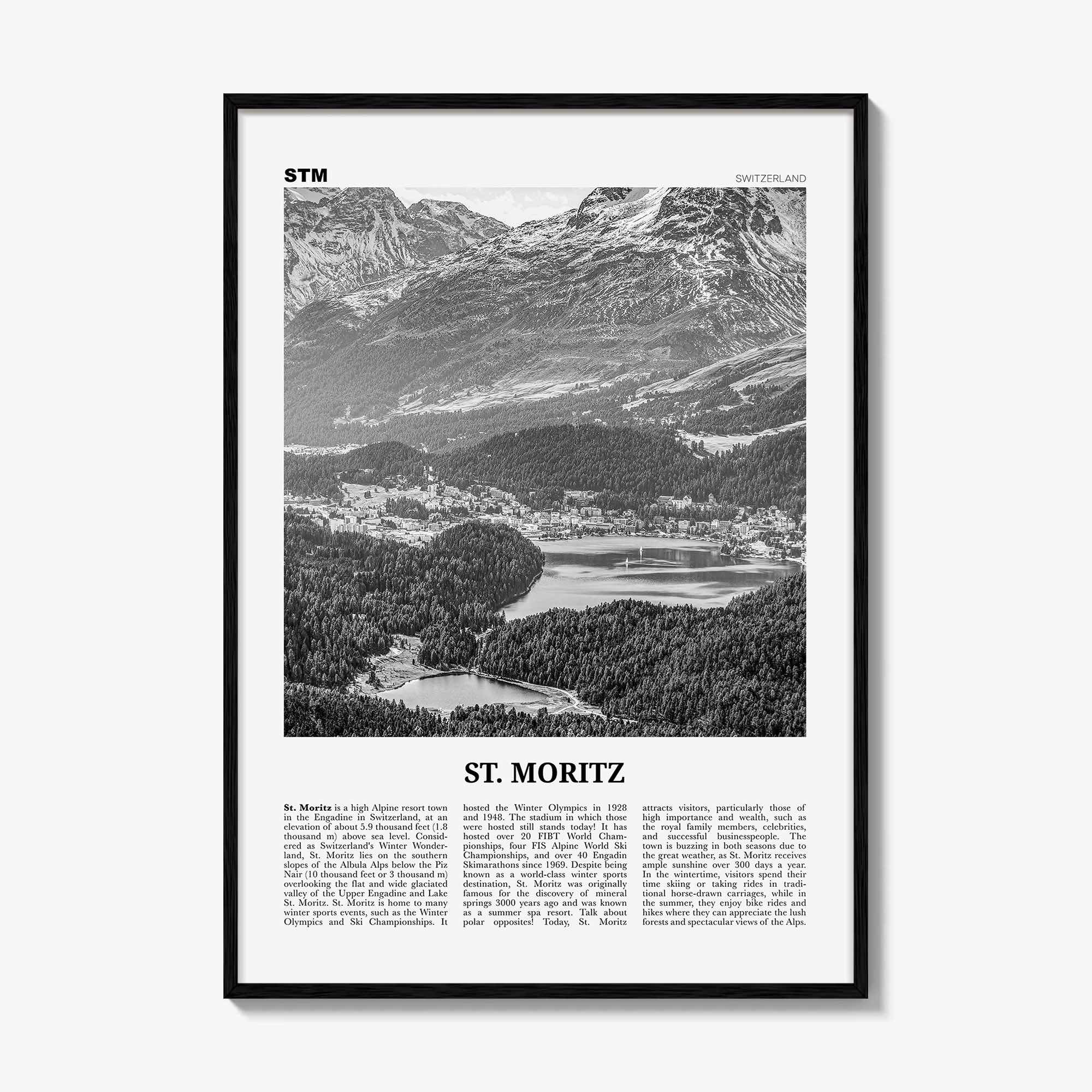 St Moritz Print Black and White, St Moritz Wall Art, St Moritz Poster, St Moritz Photo, Sankt Moritz Poster Print, Switzerland, Swiss, Alps