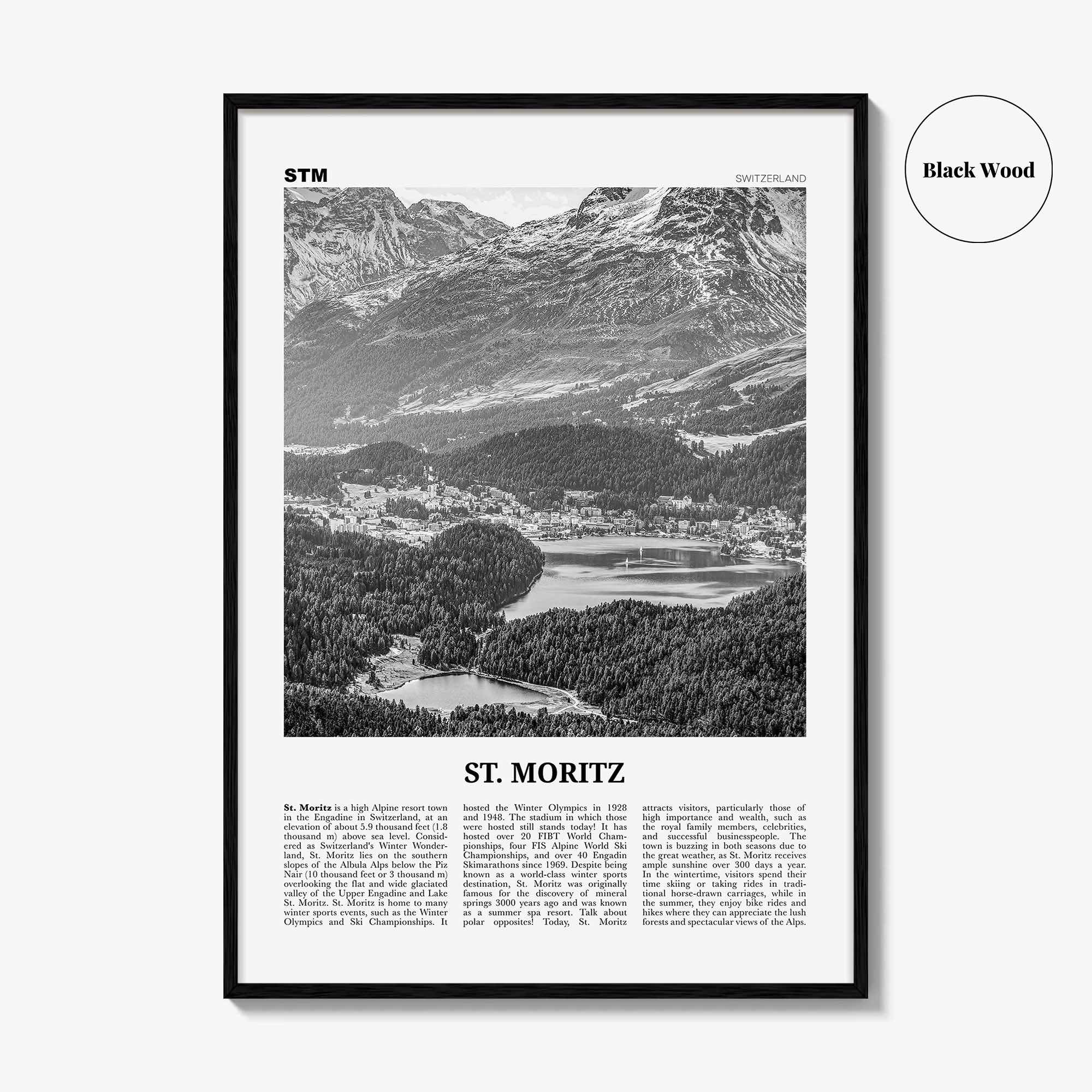 St Moritz Print Black and White, St Moritz Wall Art, St Moritz Poster, St Moritz Photo, Sankt Moritz Poster Print, Switzerland, Swiss, Alps