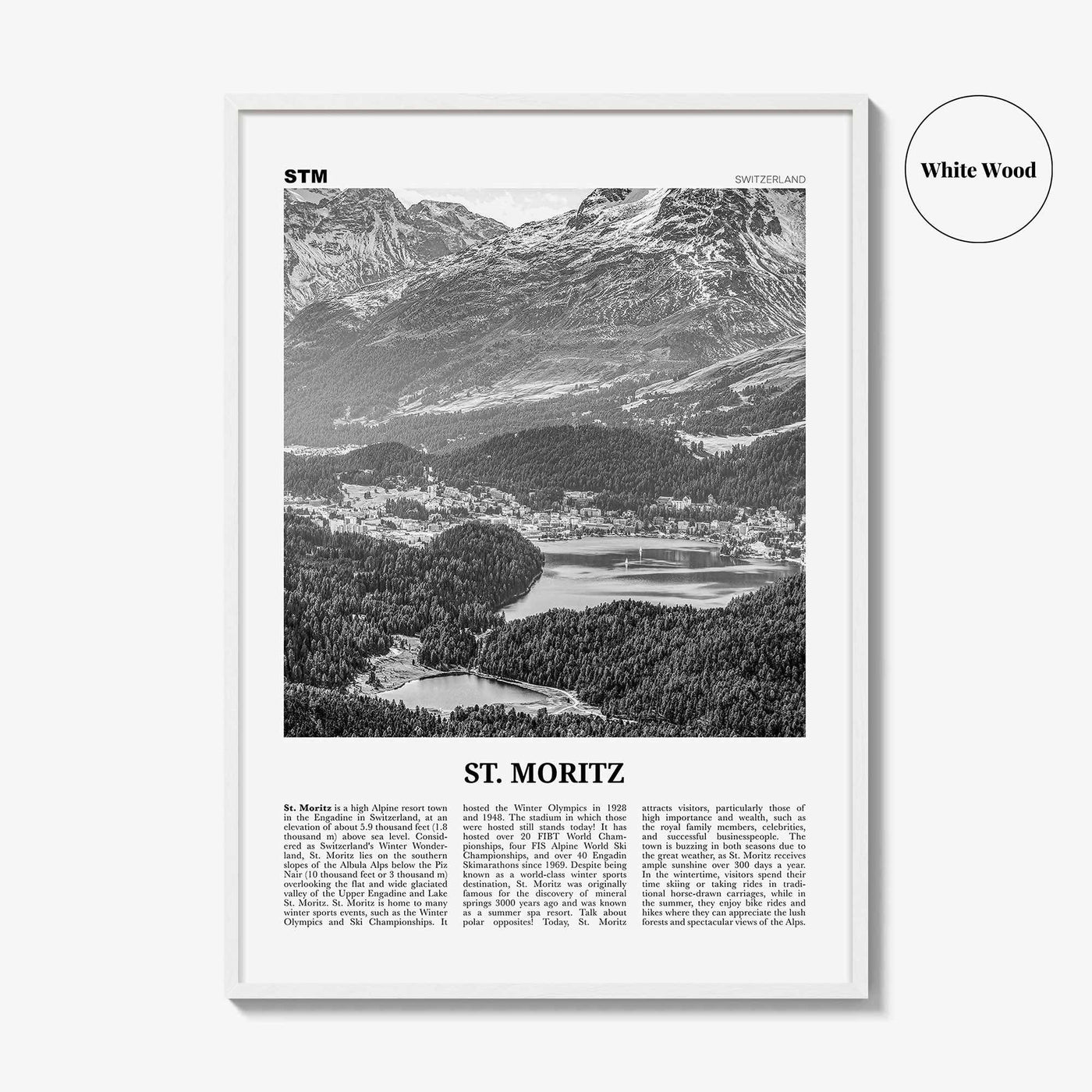 St Moritz Print Black and White, St Moritz Wall Art, St Moritz Poster, St Moritz Photo, Sankt Moritz Poster Print, Switzerland, Swiss, Alps