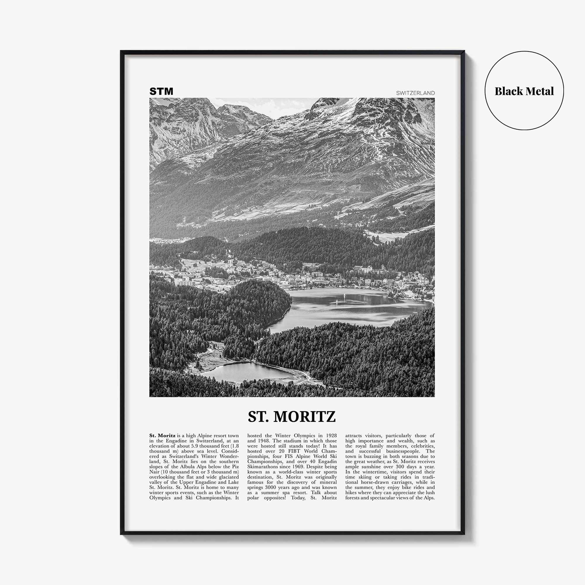 St Moritz Print Black and White, St Moritz Wall Art, St Moritz Poster, St Moritz Photo, Sankt Moritz Poster Print, Switzerland, Swiss, Alps