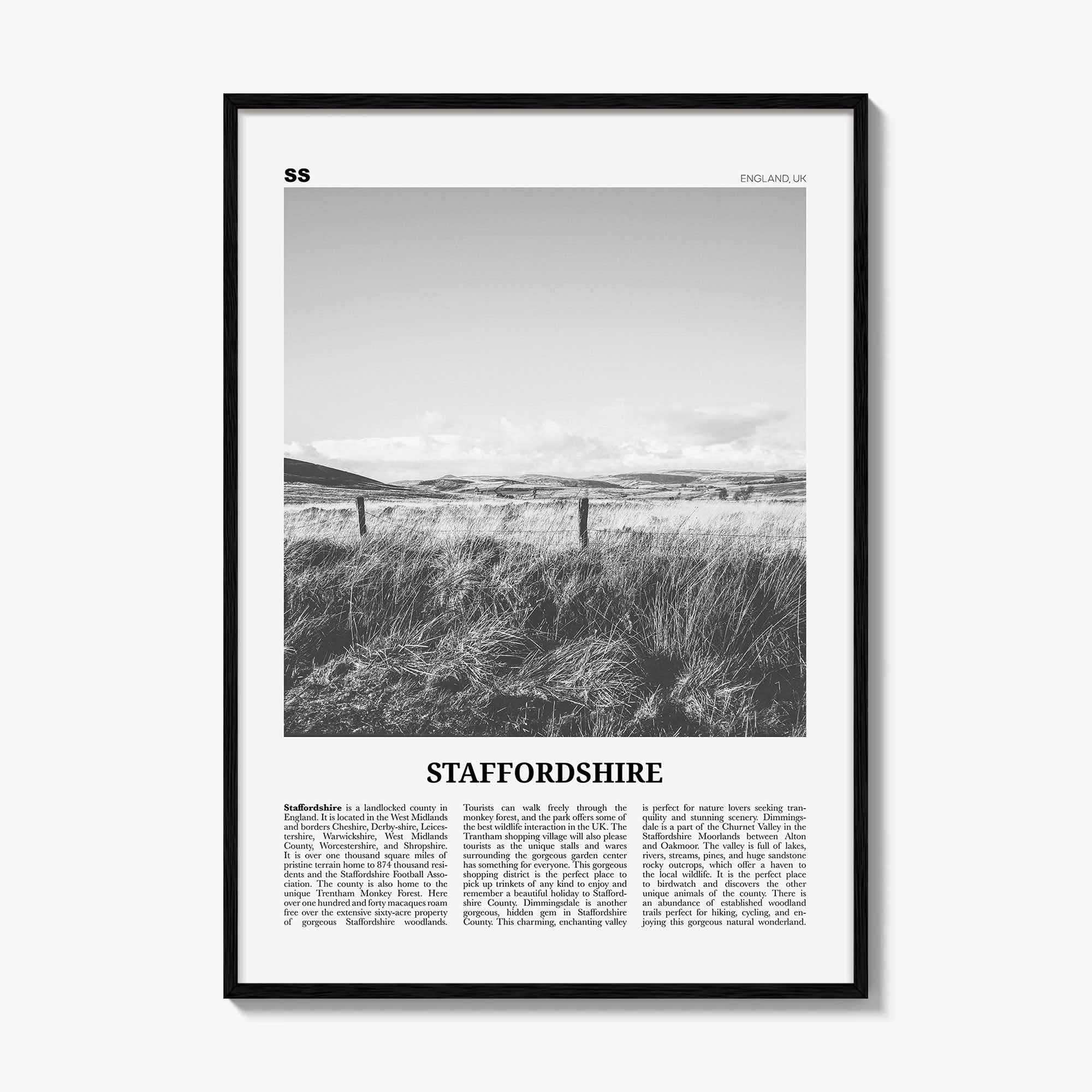 Staffordshire Print Black and White, Staffordshire Wall Art, Staffordshire Poster, Staffordshire Photo, Staffordshire Map, England, UK