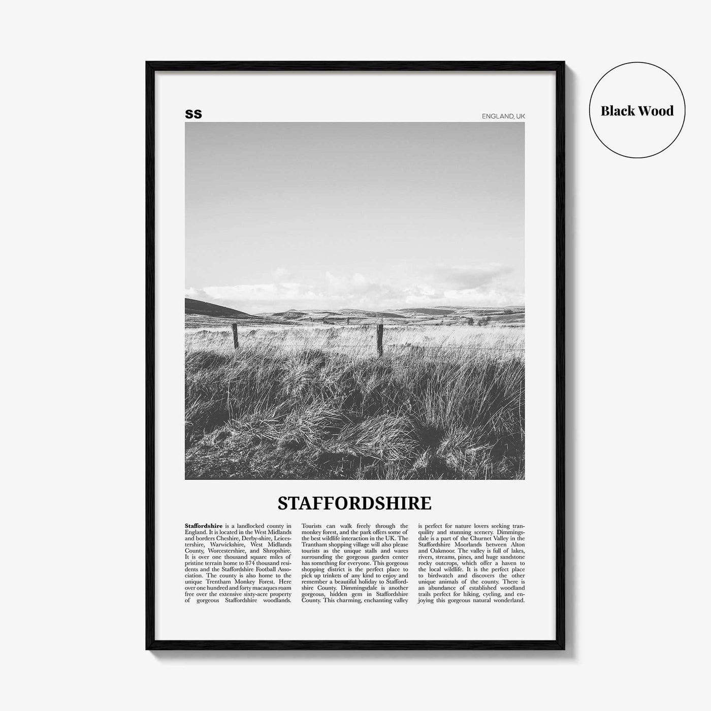 Staffordshire Print Black and White, Staffordshire Wall Art, Staffordshire Poster, Staffordshire Photo, Staffordshire Map, England, UK